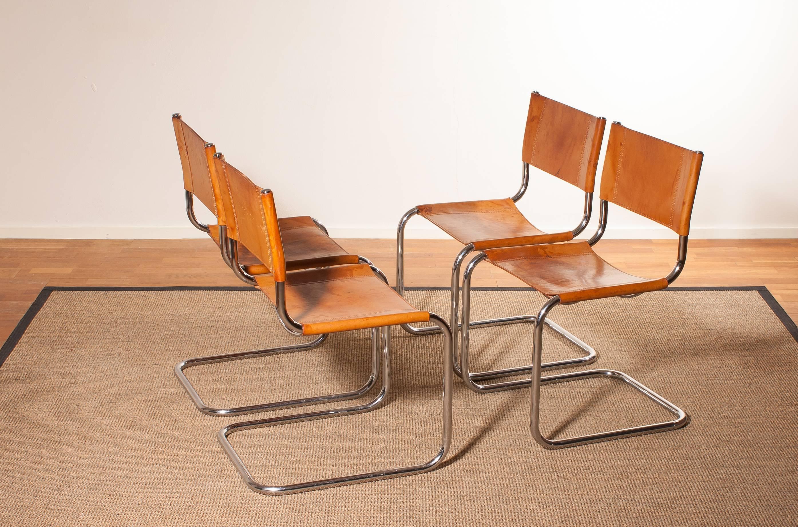 1970s, Set of Four Saddle Leather Dining Chairs by Mart Stam for Fasem 1
