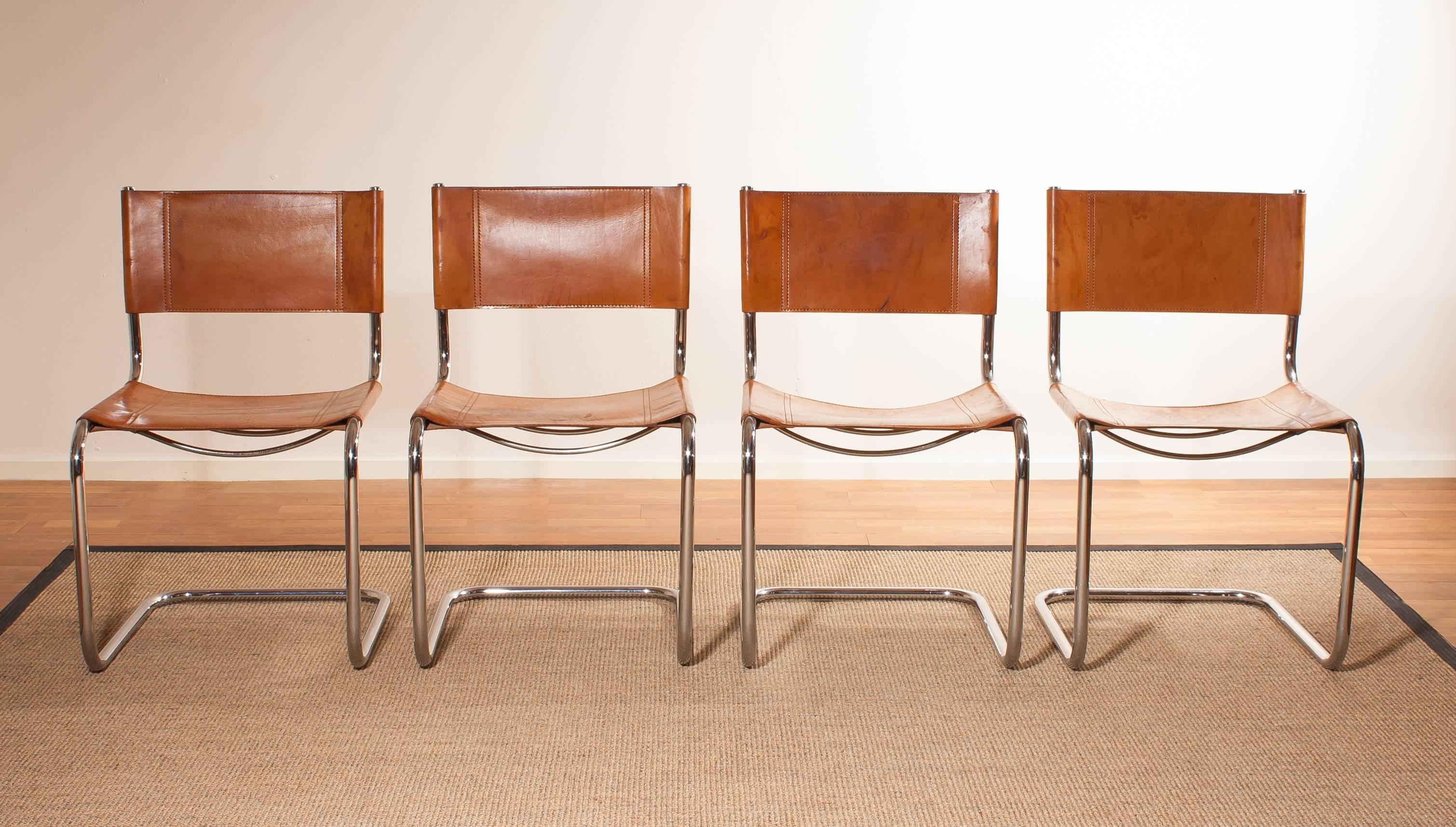 1970s, Set of Four Saddle Leather Dining Chairs by Mart Stam for Fasem 2