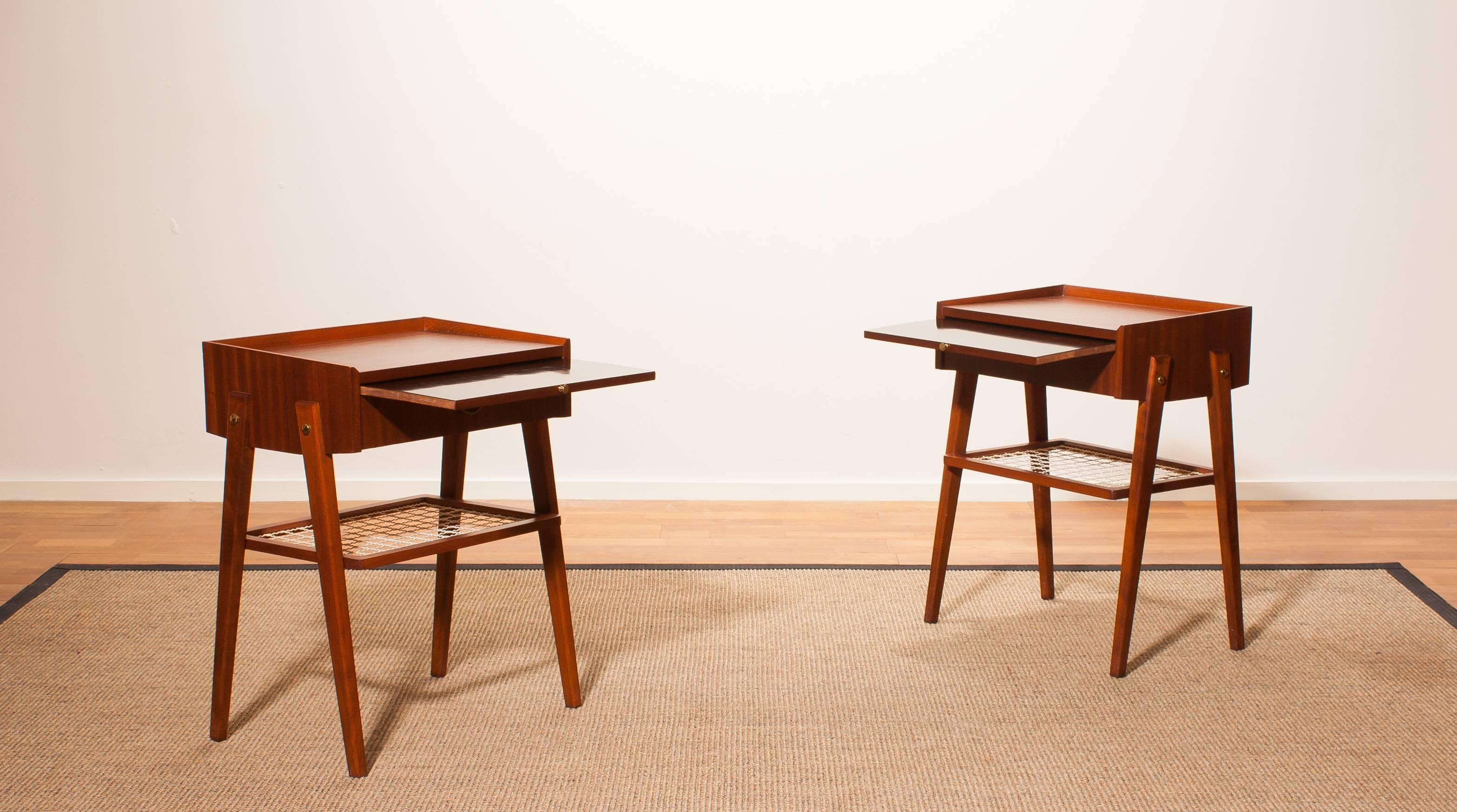 Swedish 1960s Pair of Teak and Brass Bedside Tables