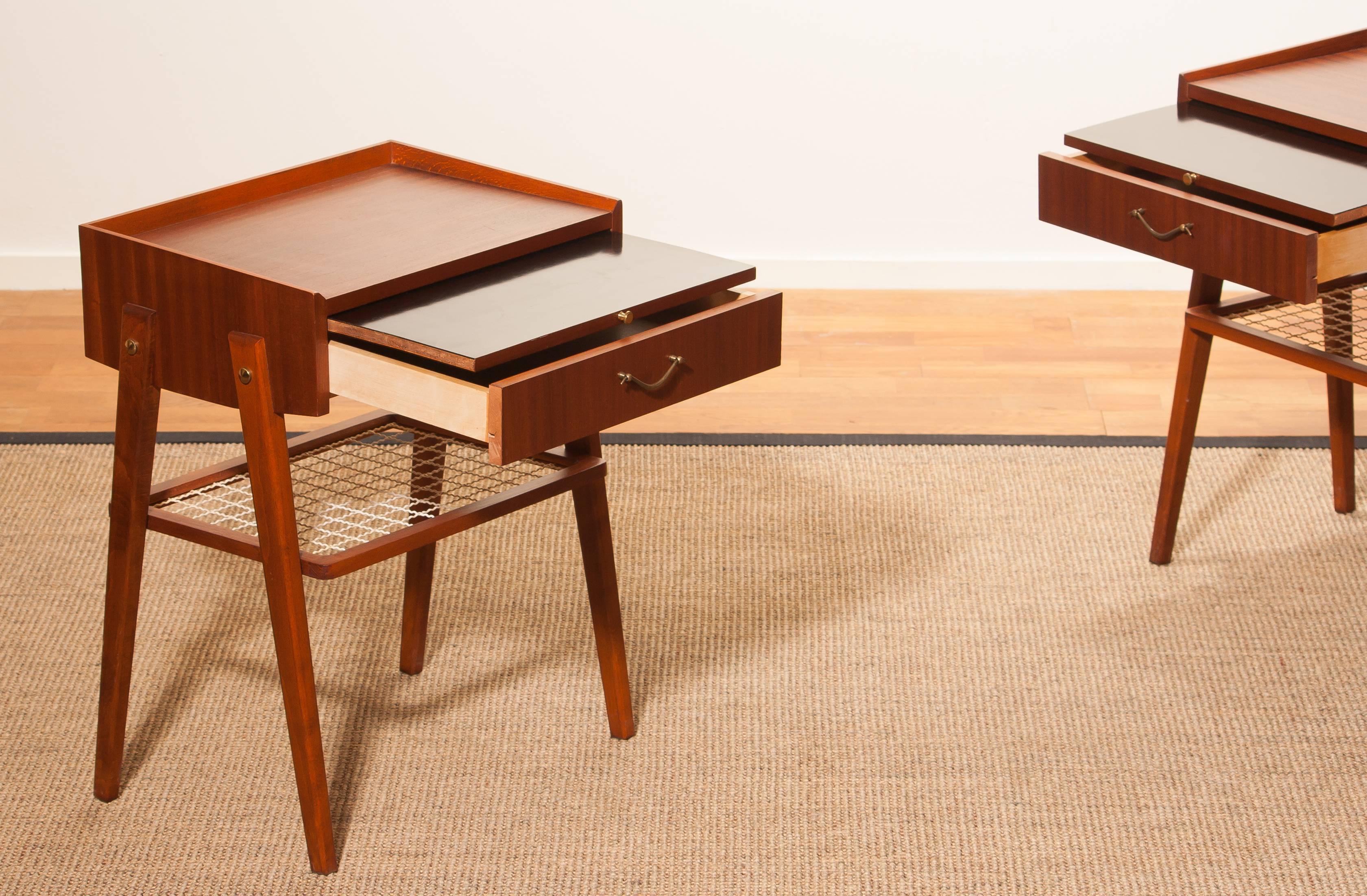 Mid-20th Century 1960s Pair of Teak and Brass Bedside Tables