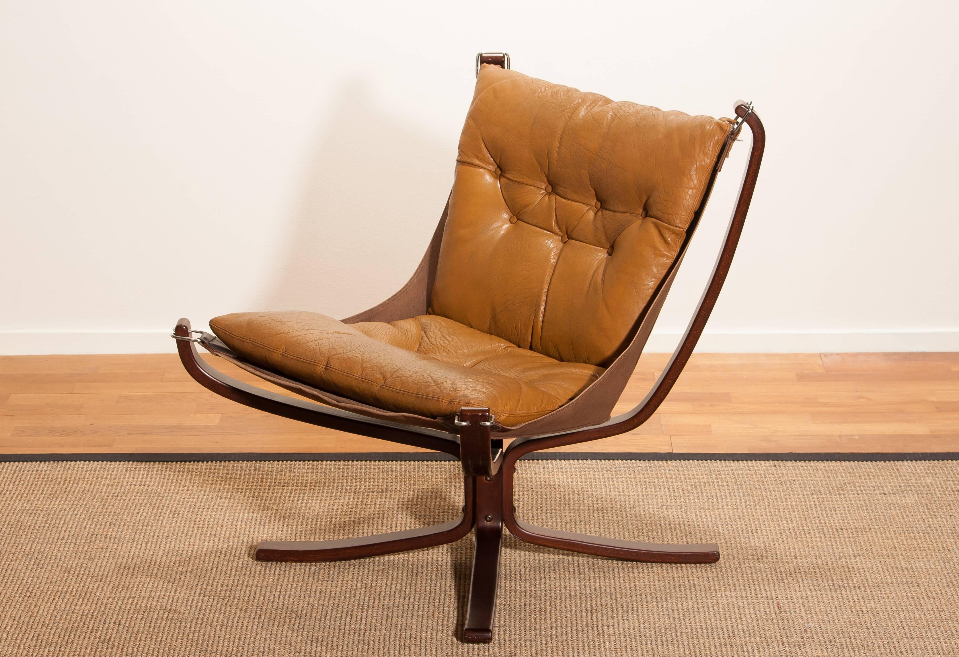 Norwegian 1970s, Camel Leather 'Falcon' Lounge or Armchair by Sigurd Ressell