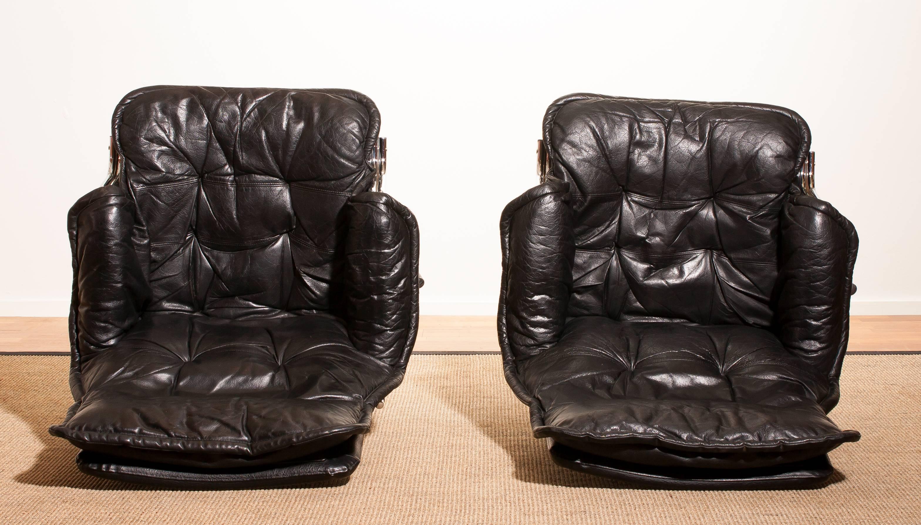 1970s, a Pair of Black Leather Swivel Chrome Steel Lounge Chairs , Sweden 4
