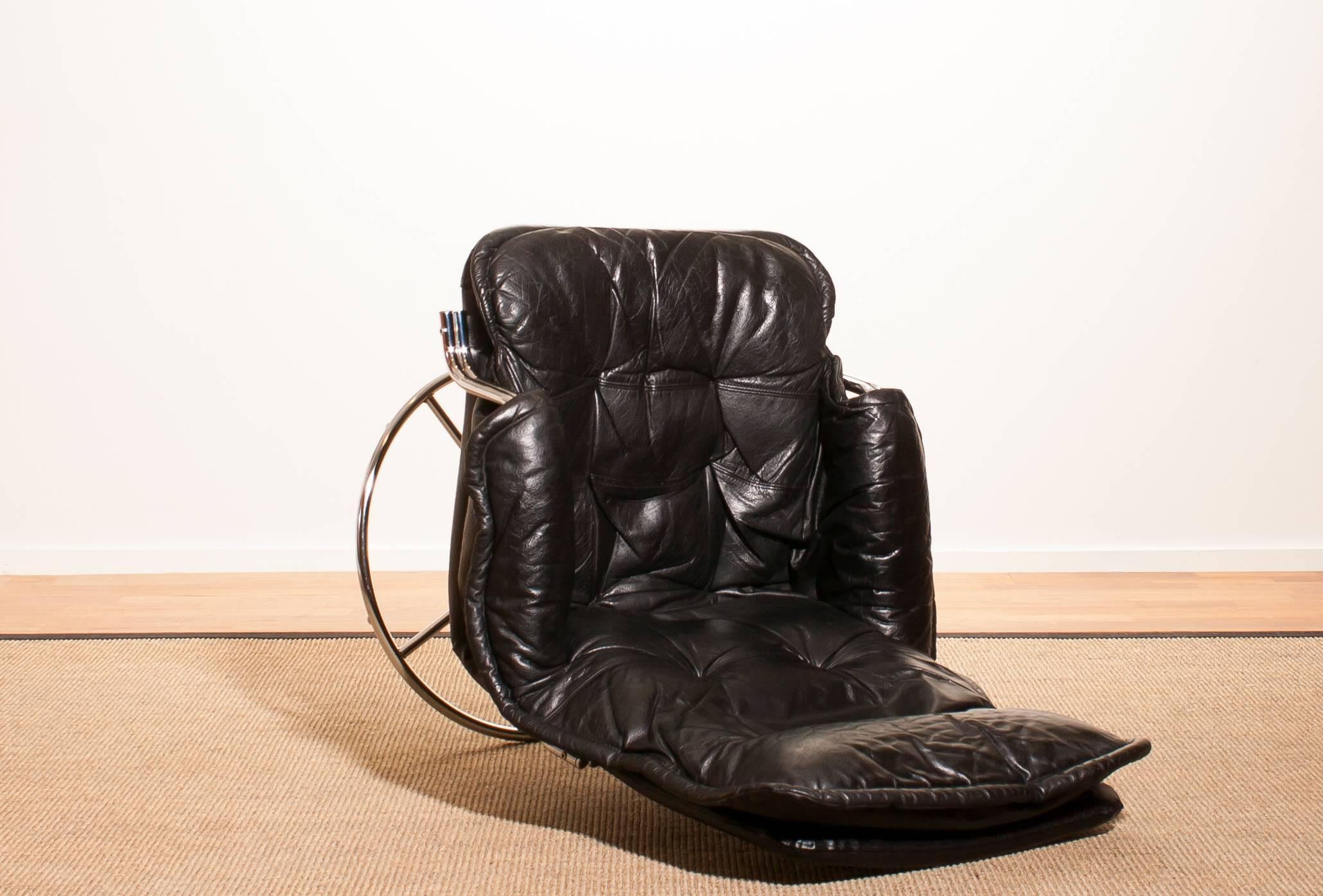 1970s, Black Leather Swivel Chrome Steel Lounge Chair , Sweden 3