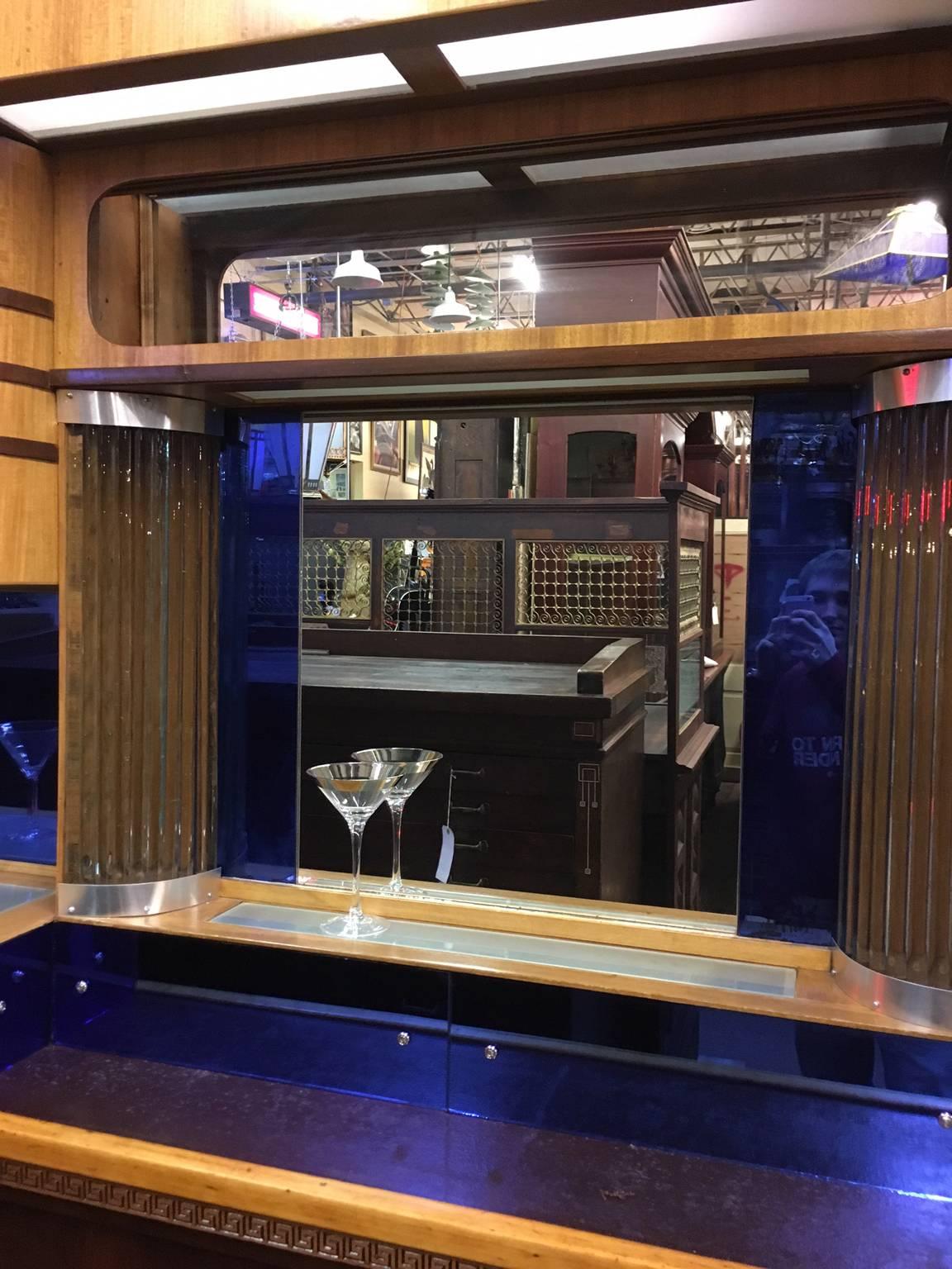 Art Deco Two-Toned Deco Bar with Blue Glass Mirrors For Sale