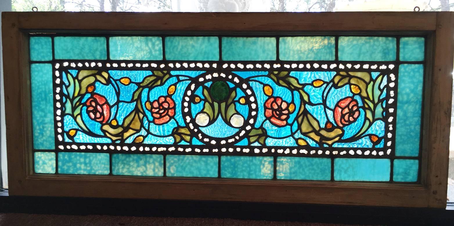 Tiffany Stained, Leaded and Jeweled Transom Window In Good Condition For Sale In Atlanta, GA