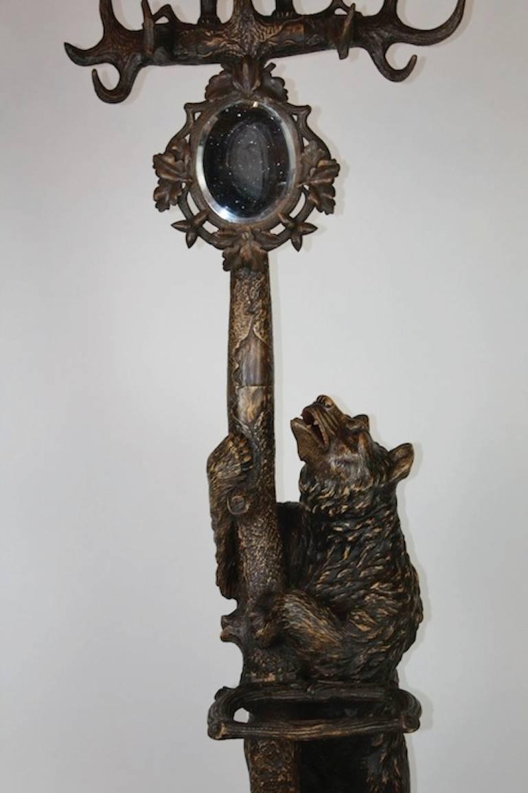 German 19th Century Black Forest Bear Hall Tree with Umbrella Stand and Mirror For Sale