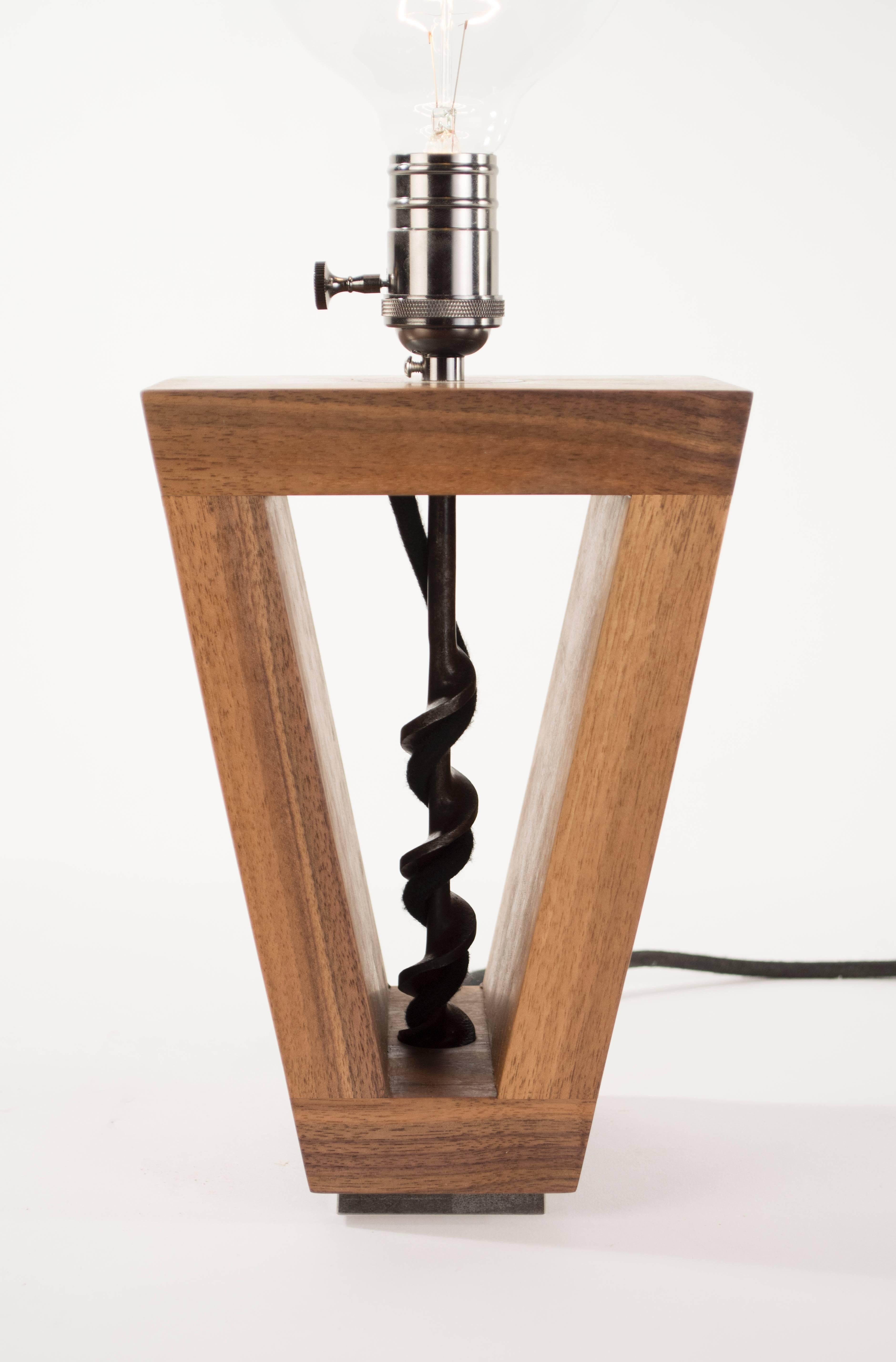 - black walnut - antique drill bit - cloth wrapped lamp cord - fully dimmable oil rubbed bronze fixture - tungsten bulbs. 
7 x 5 x 18 inches (L x W x H.)
Wired for 120 v outlets unless 220 v is requested, everything is made to order and is of the