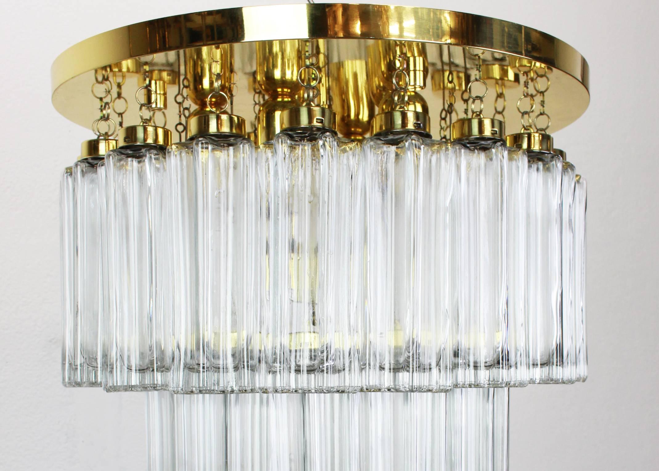 Rare three-tier flush mount or chandelier with handblown glass pieces on a brass base made by Glashütte Limburg.

Best of the 1960s from Germany.

High quality and in very good condition. Cleaned, well-wired and ready to use. 

The fixture requires
