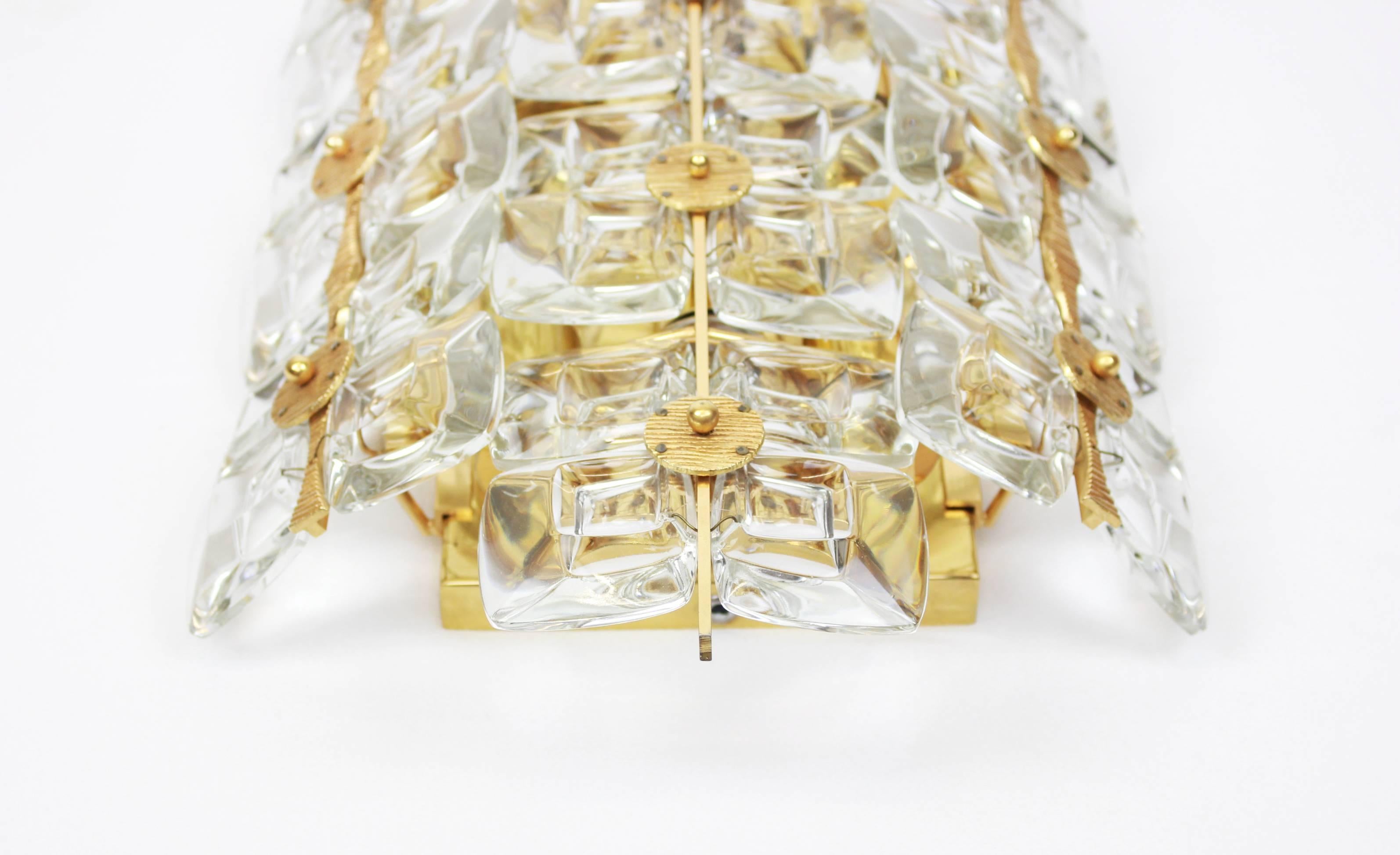 Hollywood Regency Large Pair of Golden Gilded Brass and Crystal Sconces by Palwa, Germany, 1960s