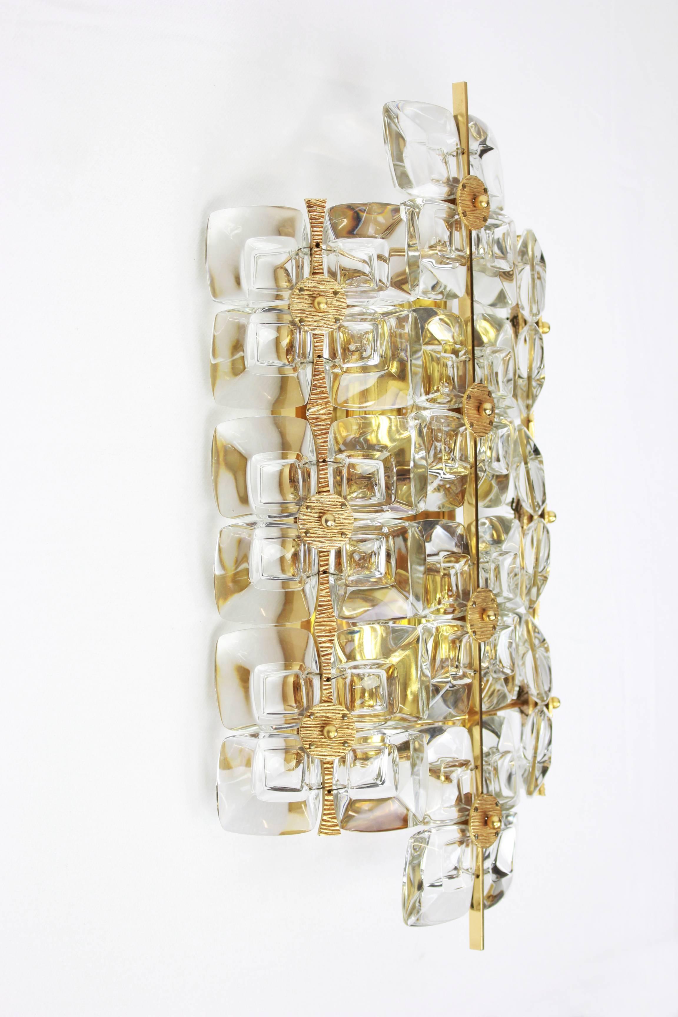 Mid-20th Century Large Pair of Golden Gilded Brass and Crystal Sconces by Palwa, Germany, 1960s
