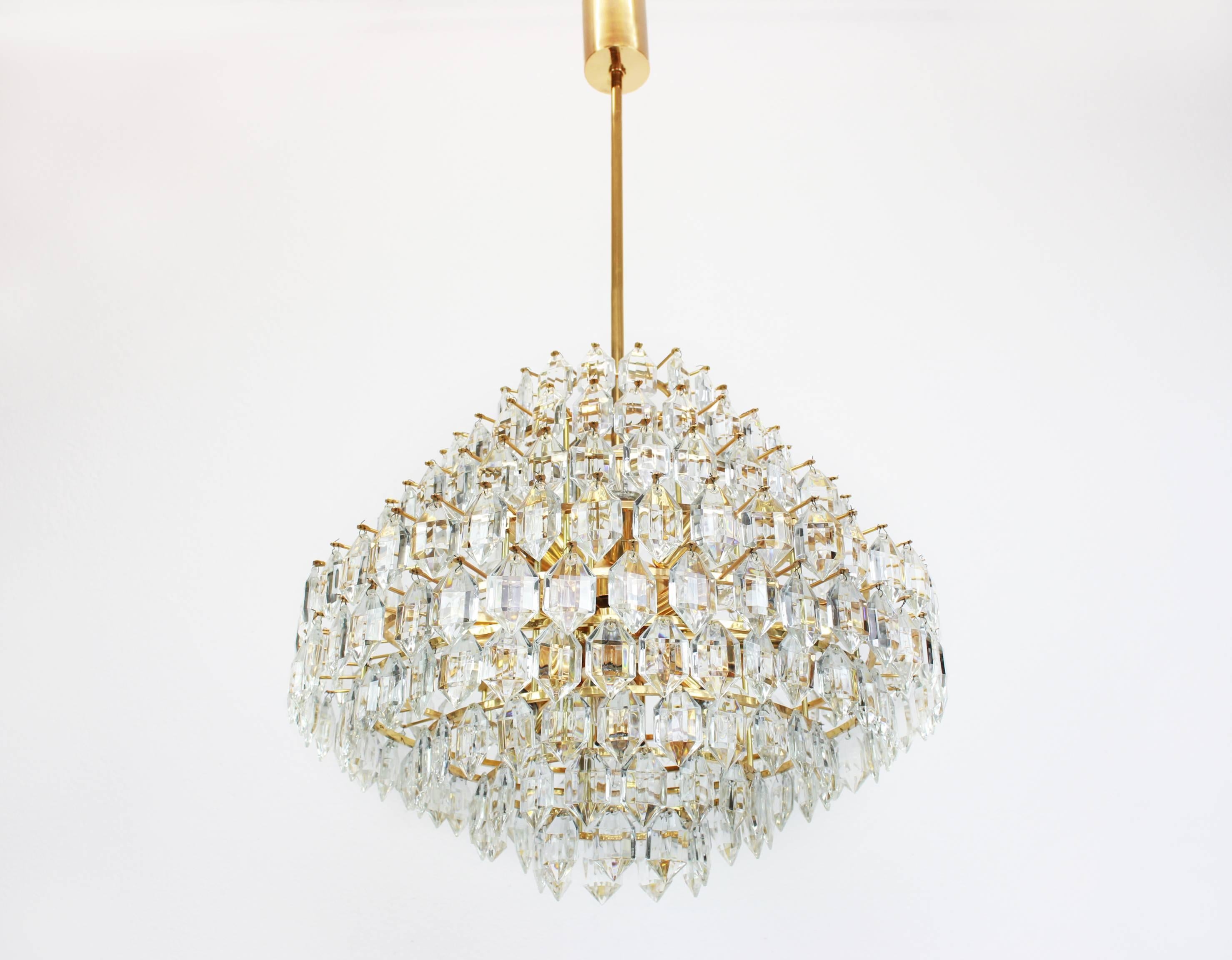 Mid-Century Modern Stunning Huge Bakalowits Chandelier, Brass and Crystal Glass, Austria, 1960s