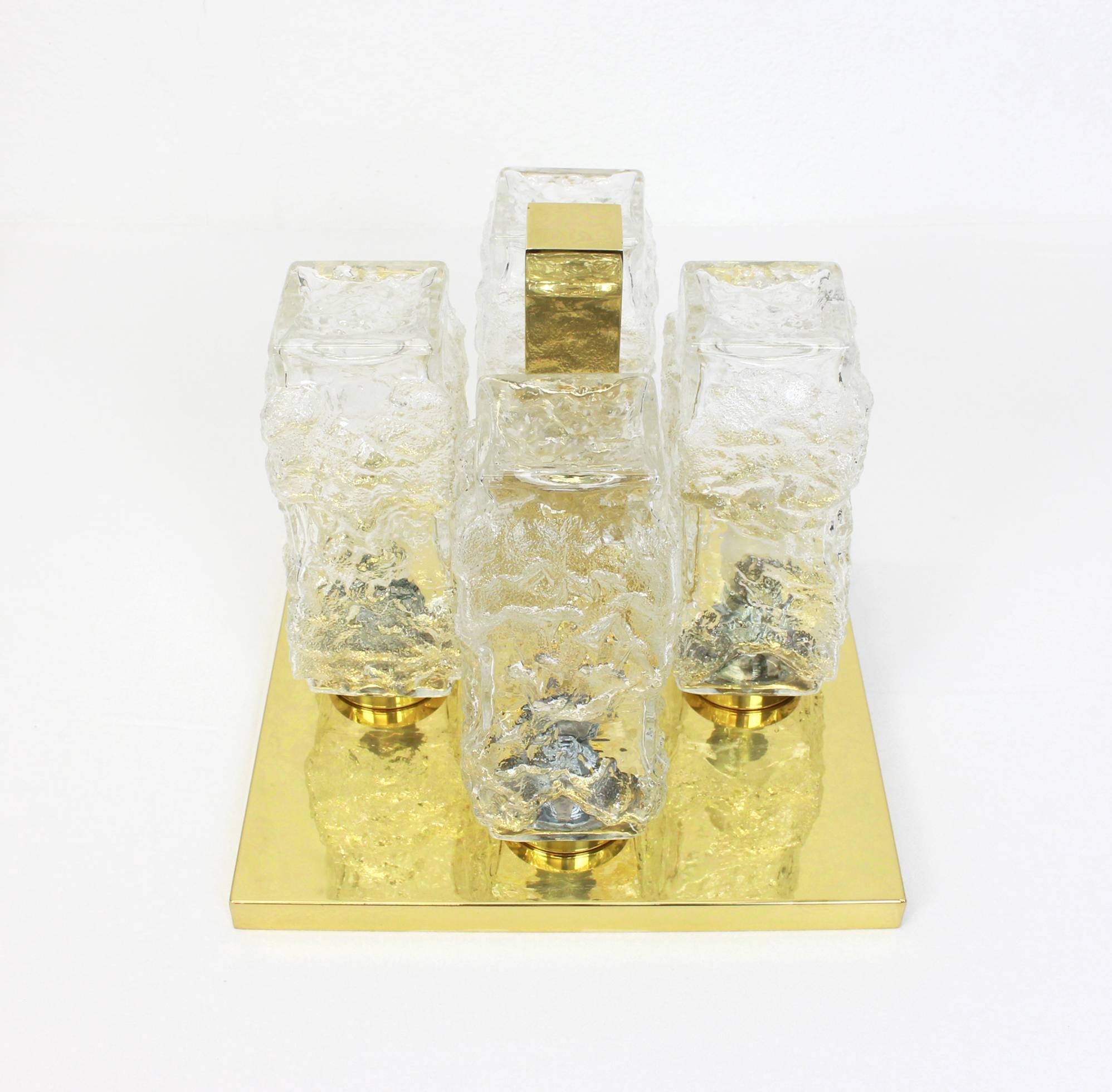 Mid-Century Modern Petite Square Brass Ice Glass Flush Mount by Hillebrand, Germany, 1970s