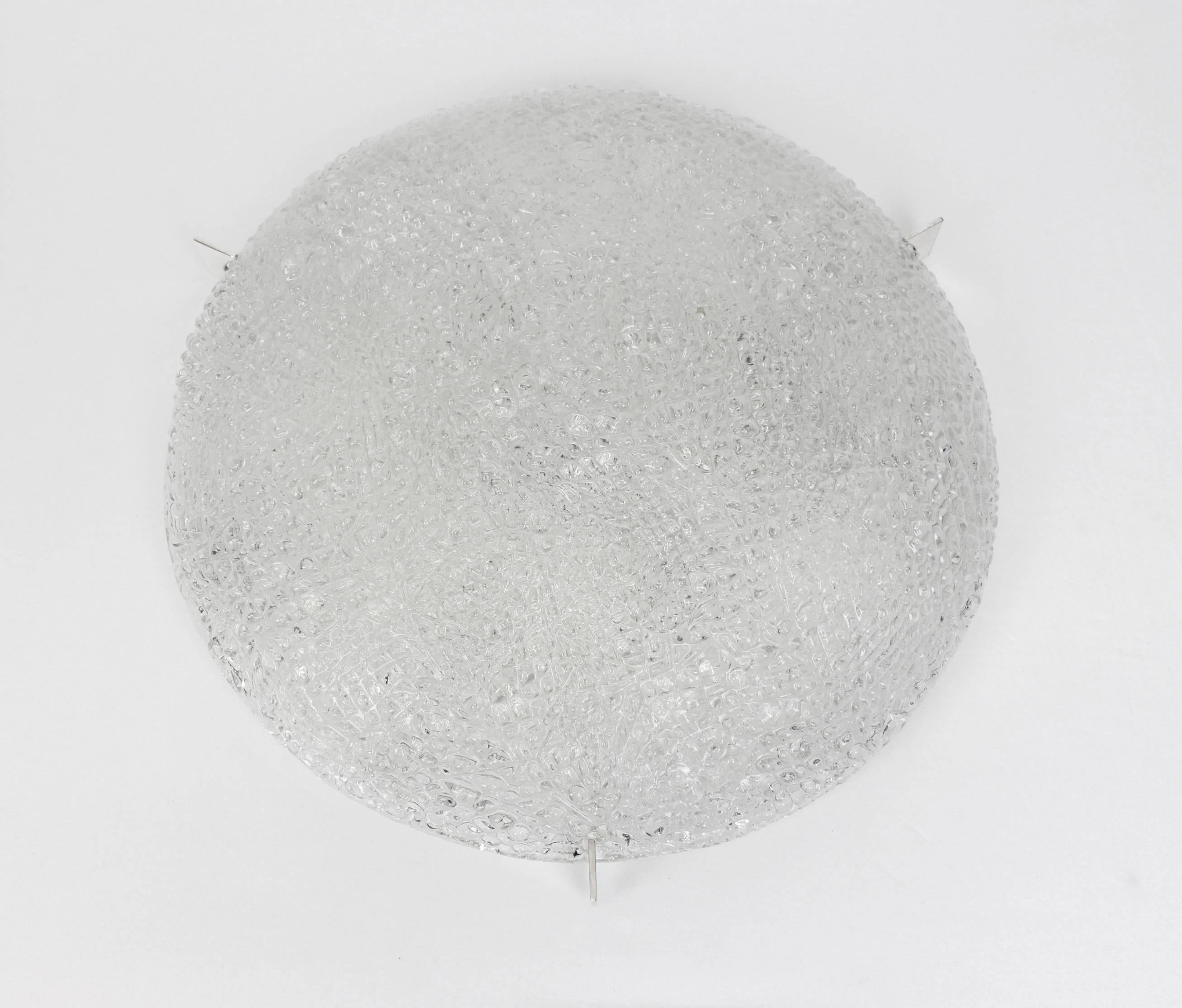 Mid-Century Modern Big Round Ice Glass Flush Mount, Kaiser, Germany, 1970s For Sale