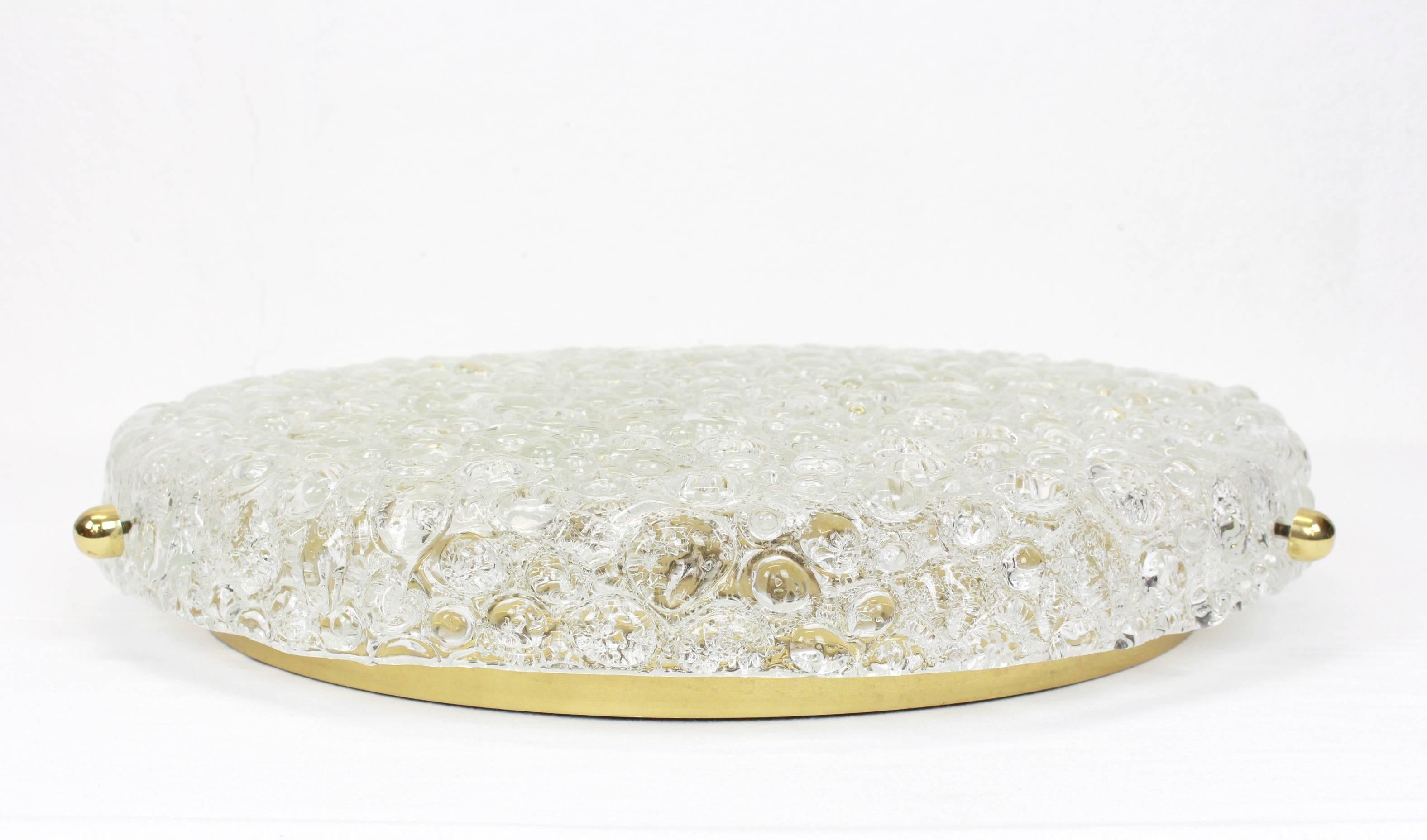 Mid-Century Modern Large Round Ice Glass Flush Mount by Hillebrand, Germany, 1970s For Sale