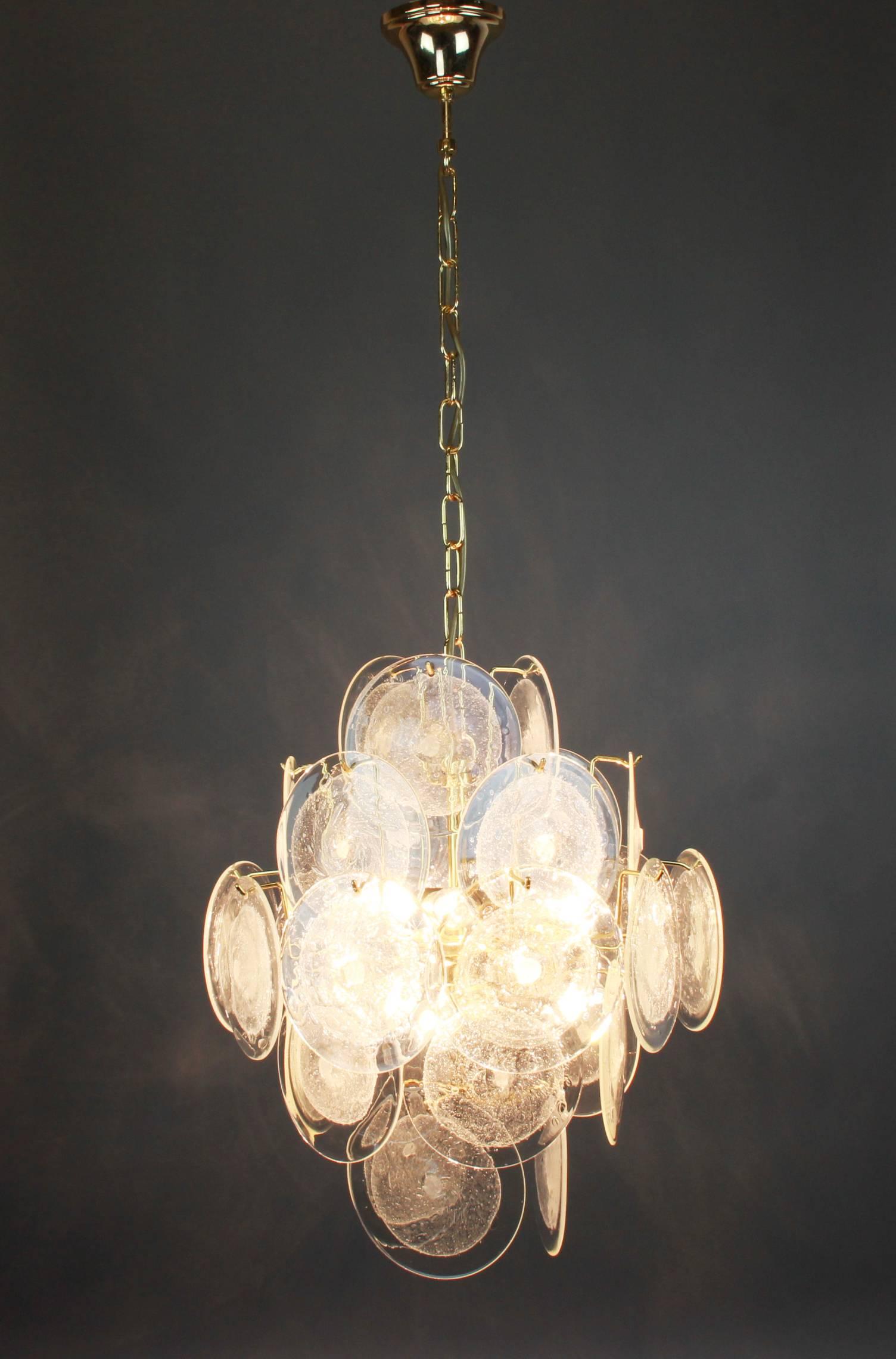 Wonderful Ice Glass Disc Chandelier by Vistosi, Italy, 1970s In Good Condition In Aachen, NRW