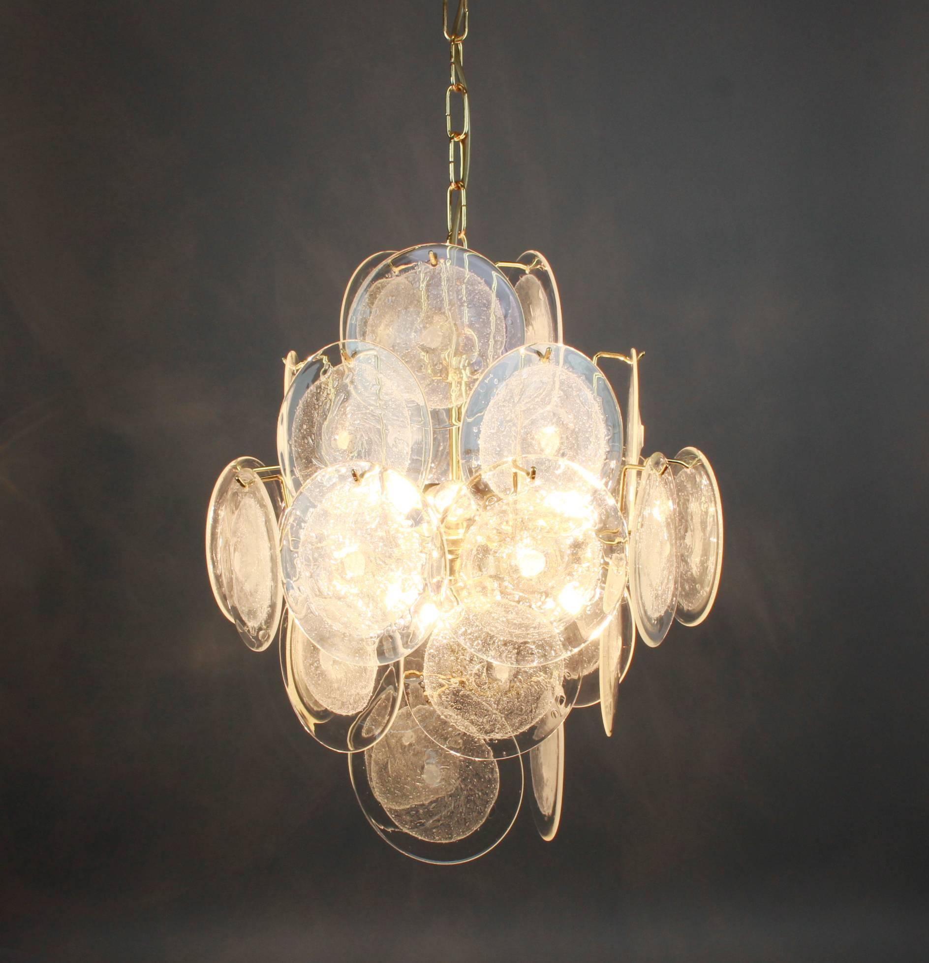 Late 20th Century Wonderful Ice Glass Disc Chandelier by Vistosi, Italy, 1970s