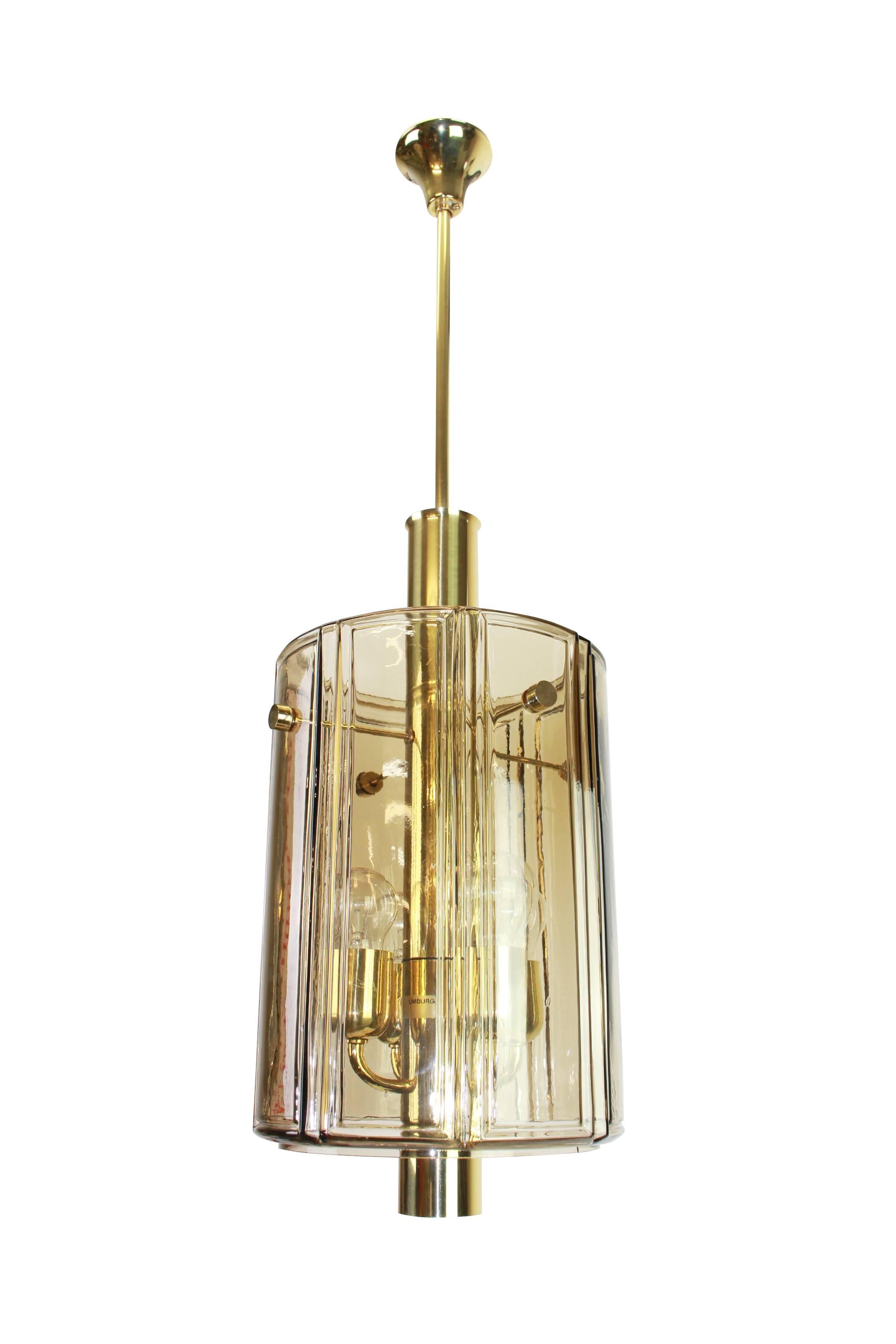 Brass Lantern Form Pendant with Smoked Glass Panels by Limburg, Germany, 1960s In Excellent Condition In Aachen, NRW