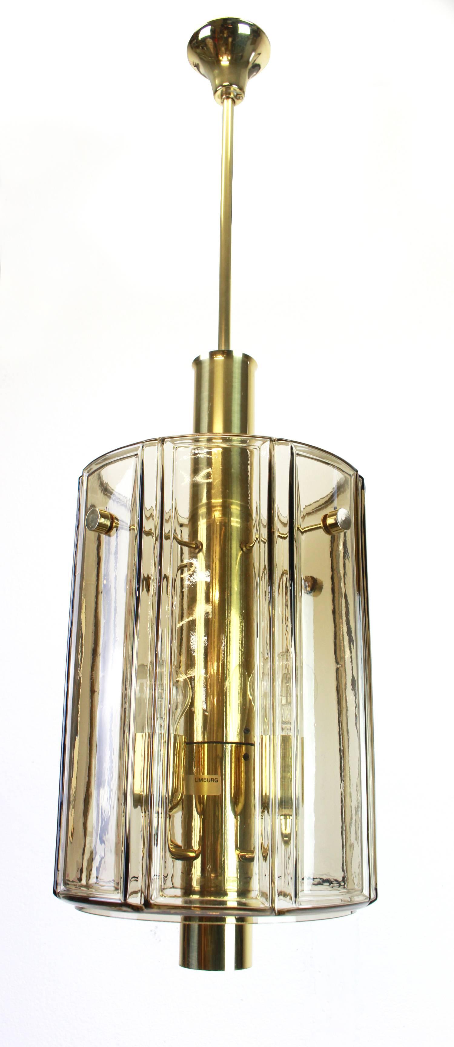 Mid-20th Century Brass Lantern Form Pendant with Smoked Glass Panels by Limburg, Germany, 1960s