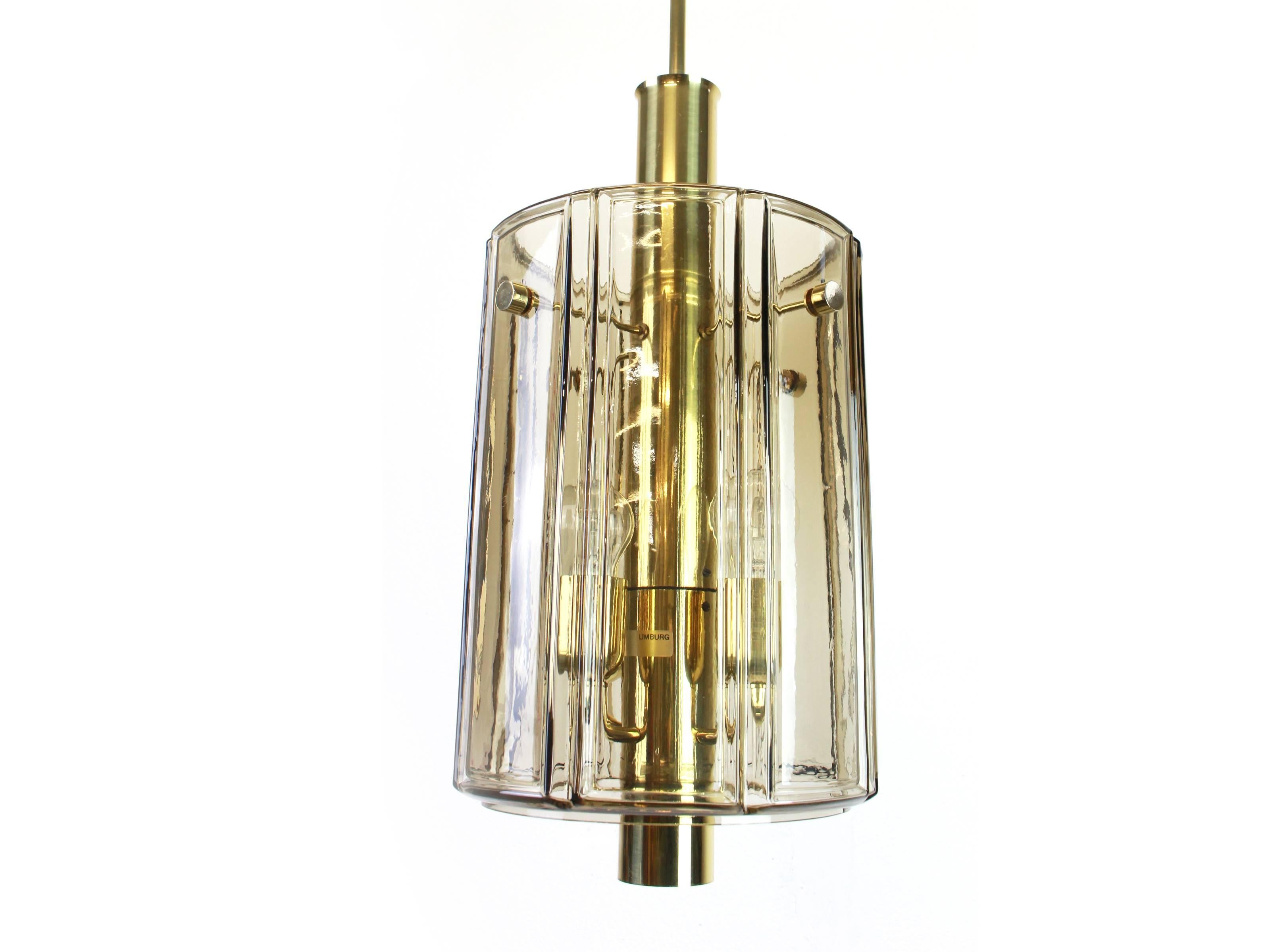 Mid-Century Modern Brass Lantern Form Pendant with Smoked Glass Panels by Limburg, Germany, 1960s