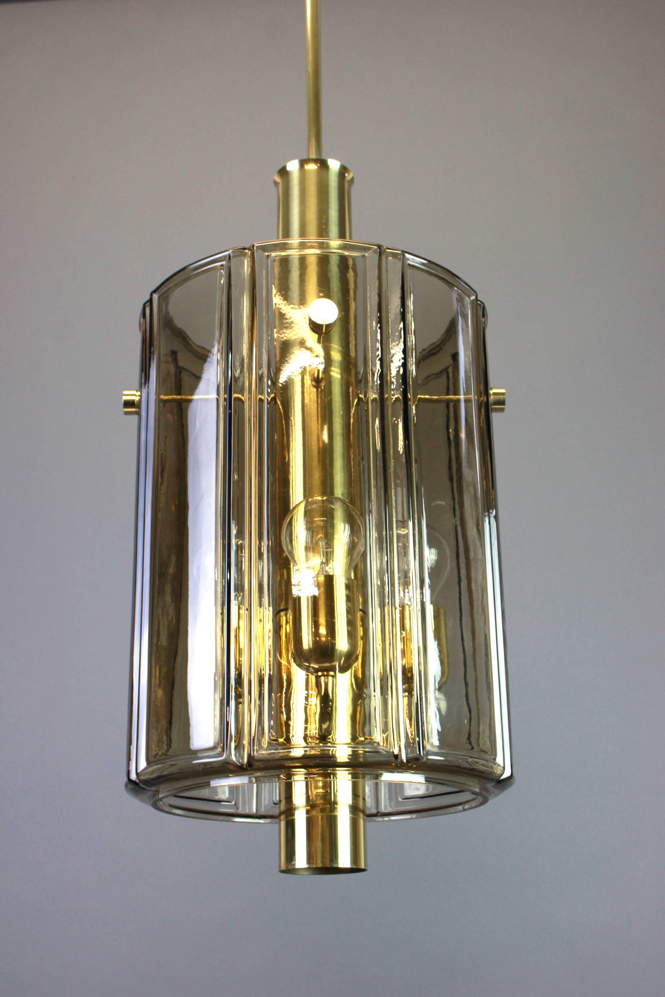 Brass Lantern Form Pendant with Smoked Glass Panels by Limburg, Germany, 1960s 2