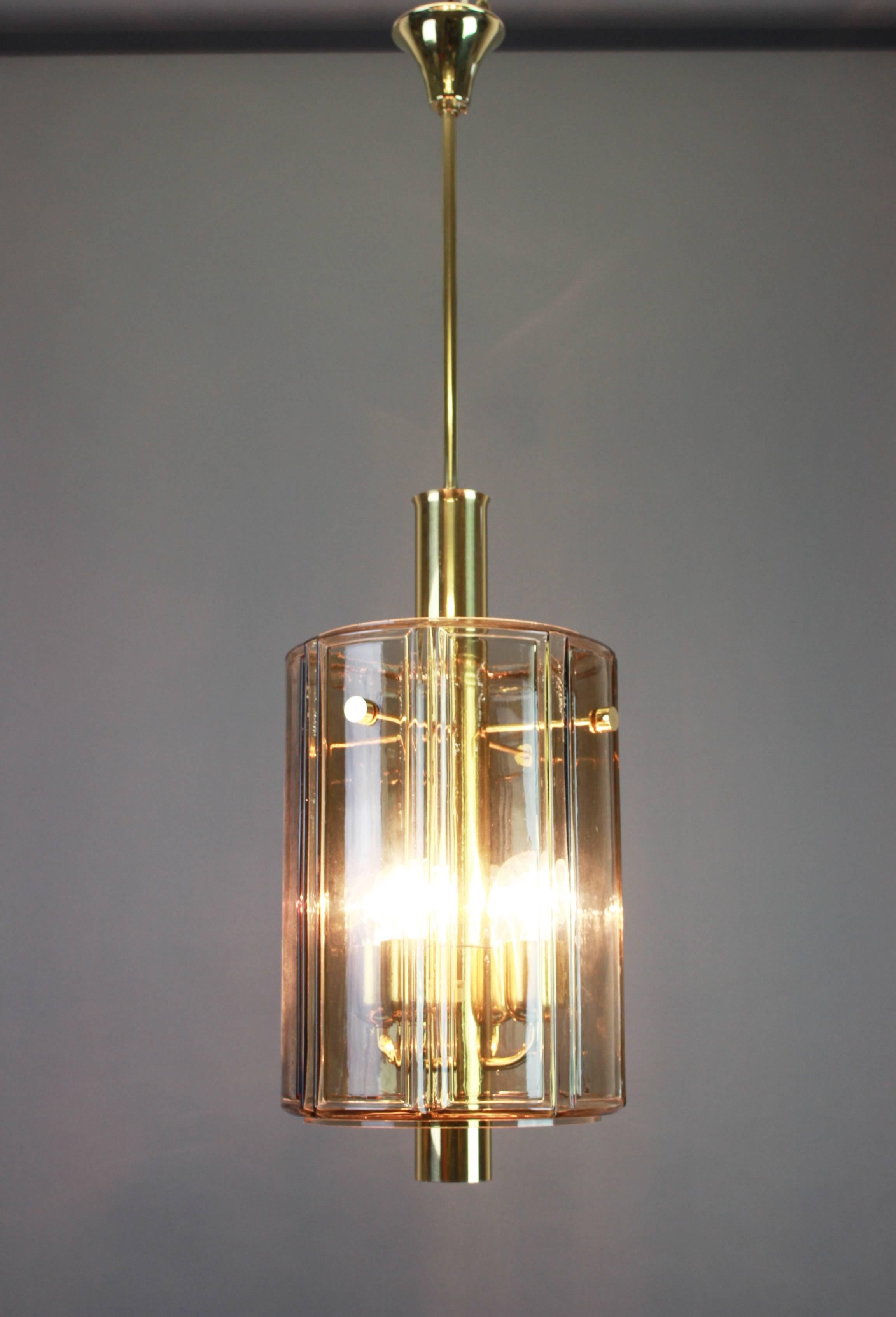 Brass Lantern Form Pendant with Smoked Glass Panels by Limburg, Germany, 1960s 3