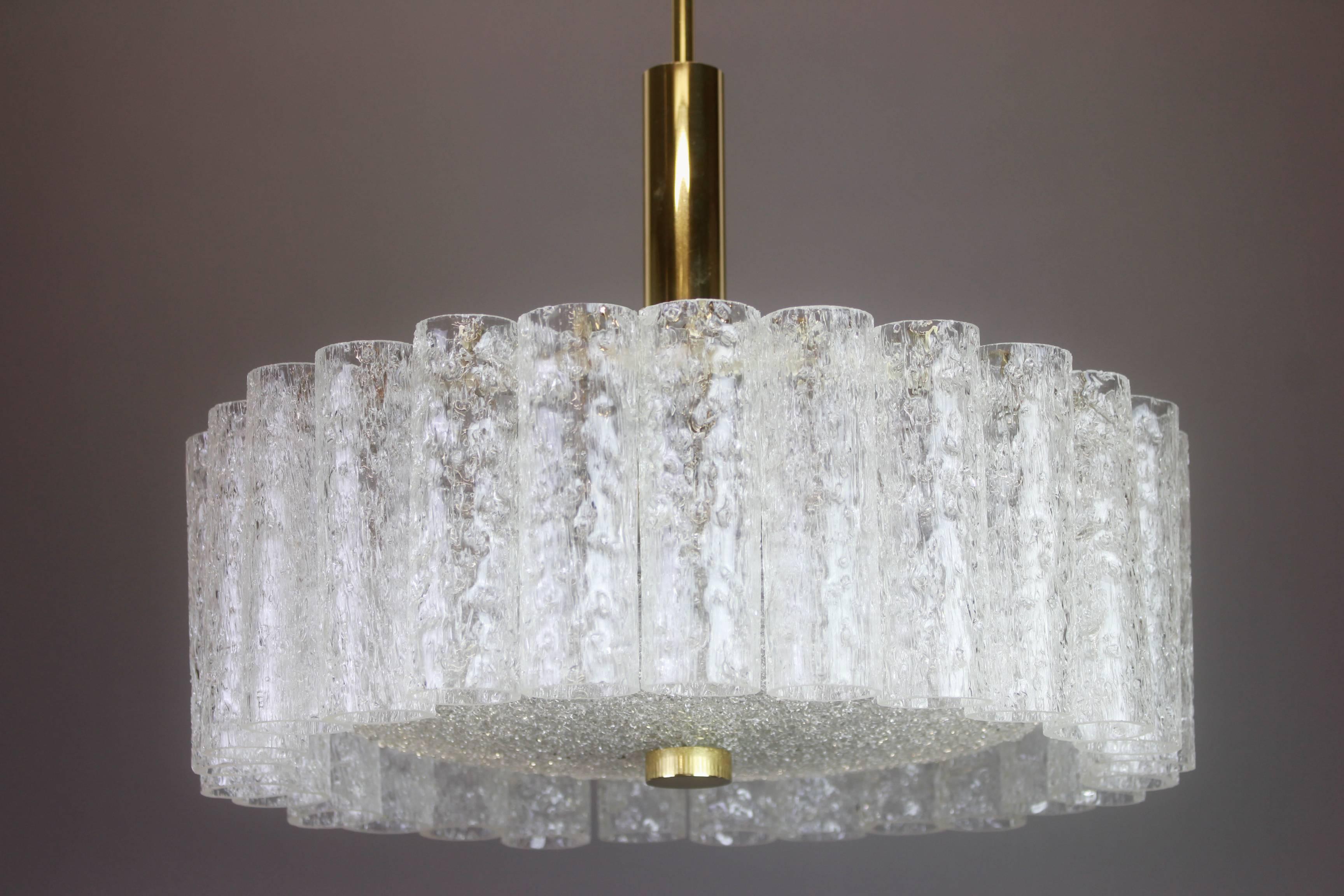 Brass Stunning Murano Ice Glass Tubes Chandelier by Doria, Germany, 1970s For Sale