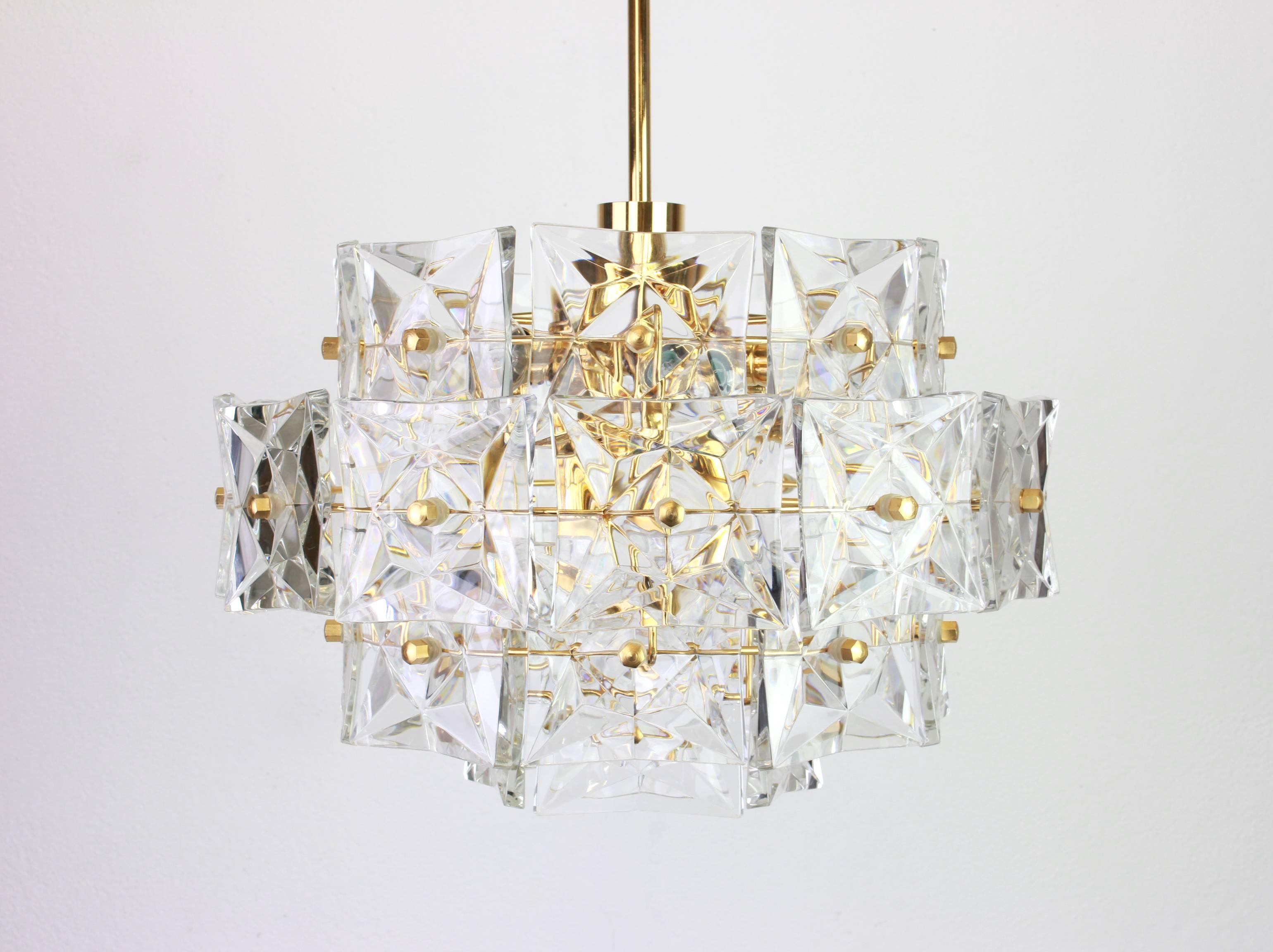 Mid-Century Modern Stunning Chandelier, Brass and Crystal Glass by Kinkeldey, Germany, 1970s