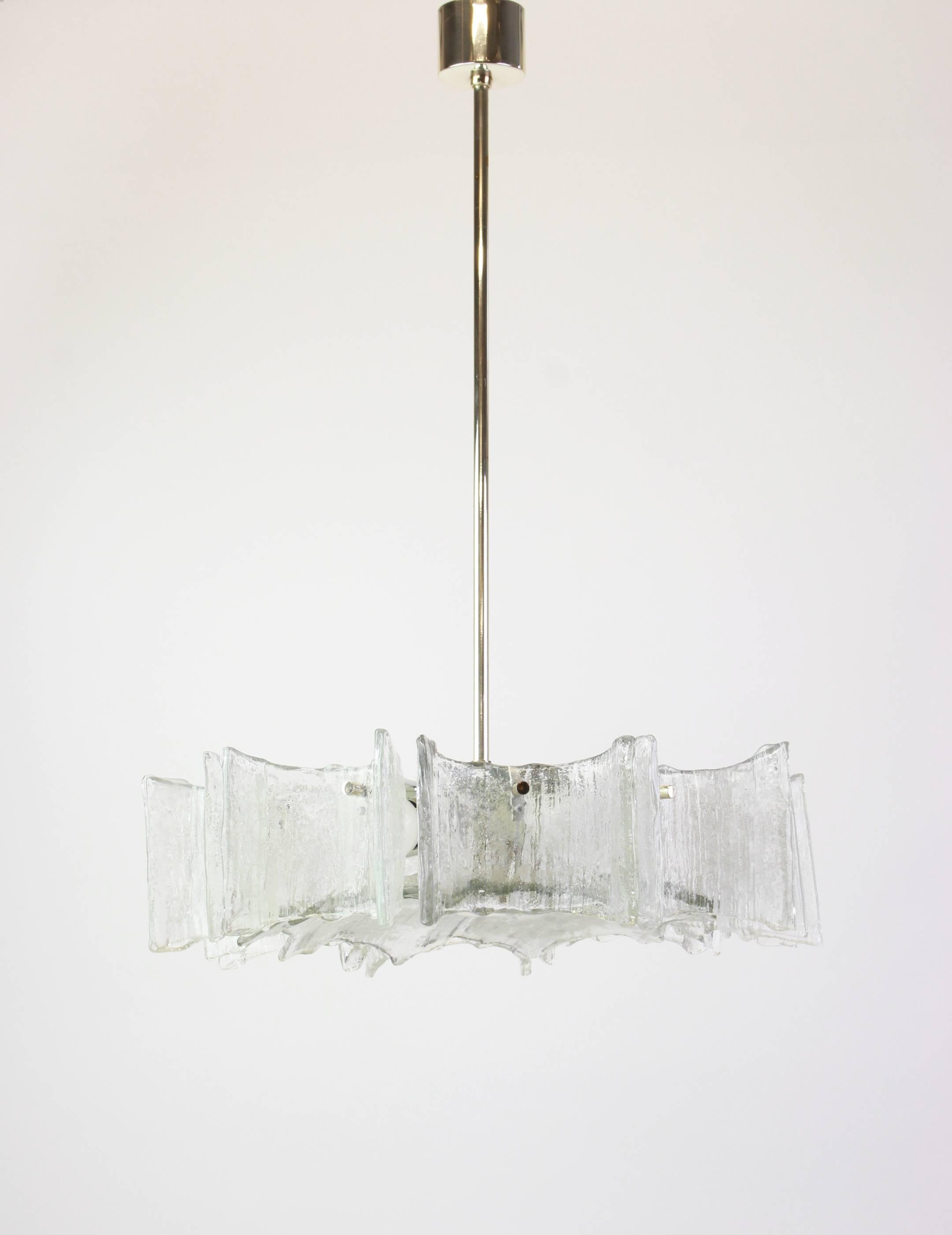 Mid-20th Century Large Ice Glass Chrome Chandelier by Kaiser, Germany, 1960s