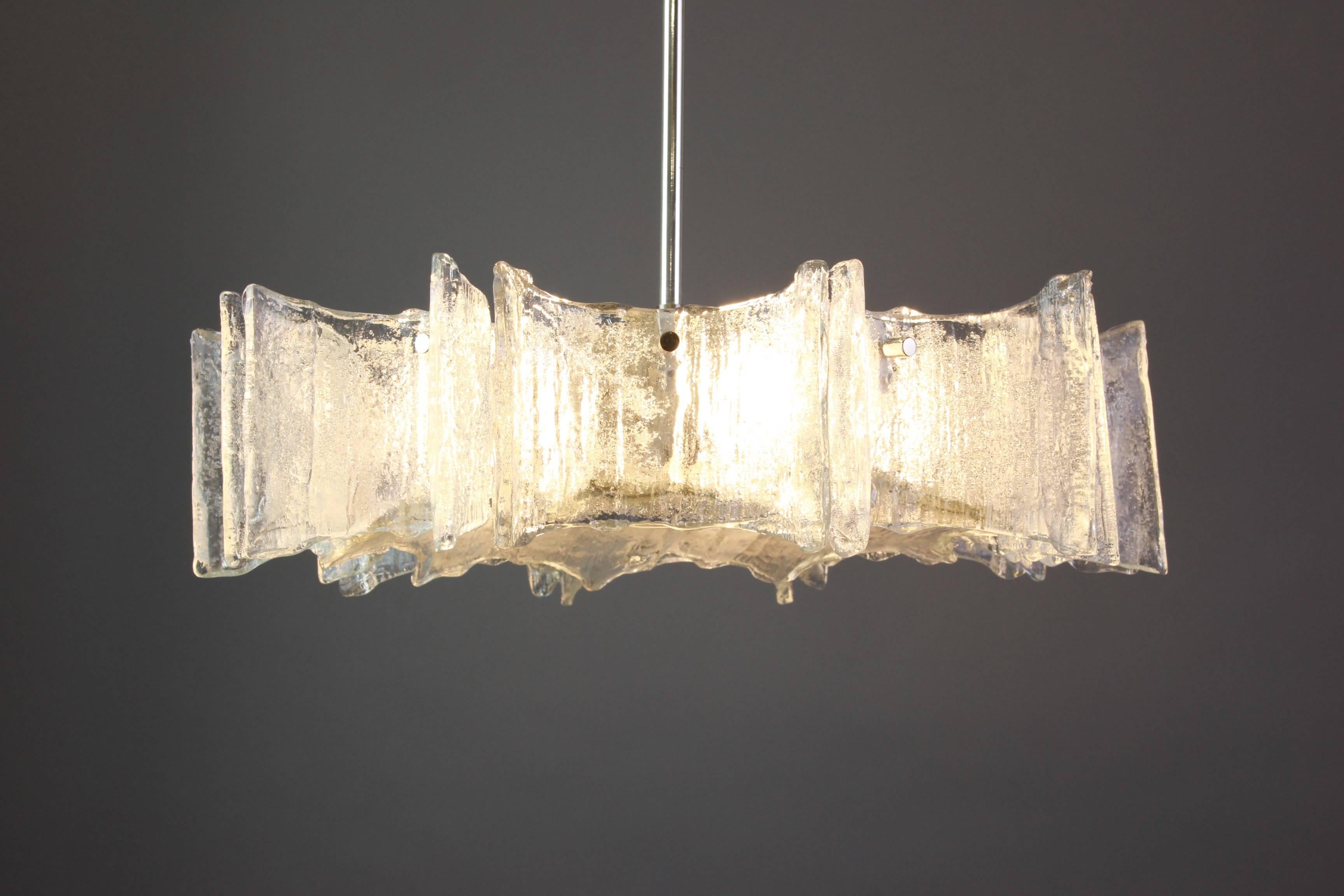 Mid-Century Modern Large Ice Glass Chrome Chandelier by Kaiser, Germany, 1960s