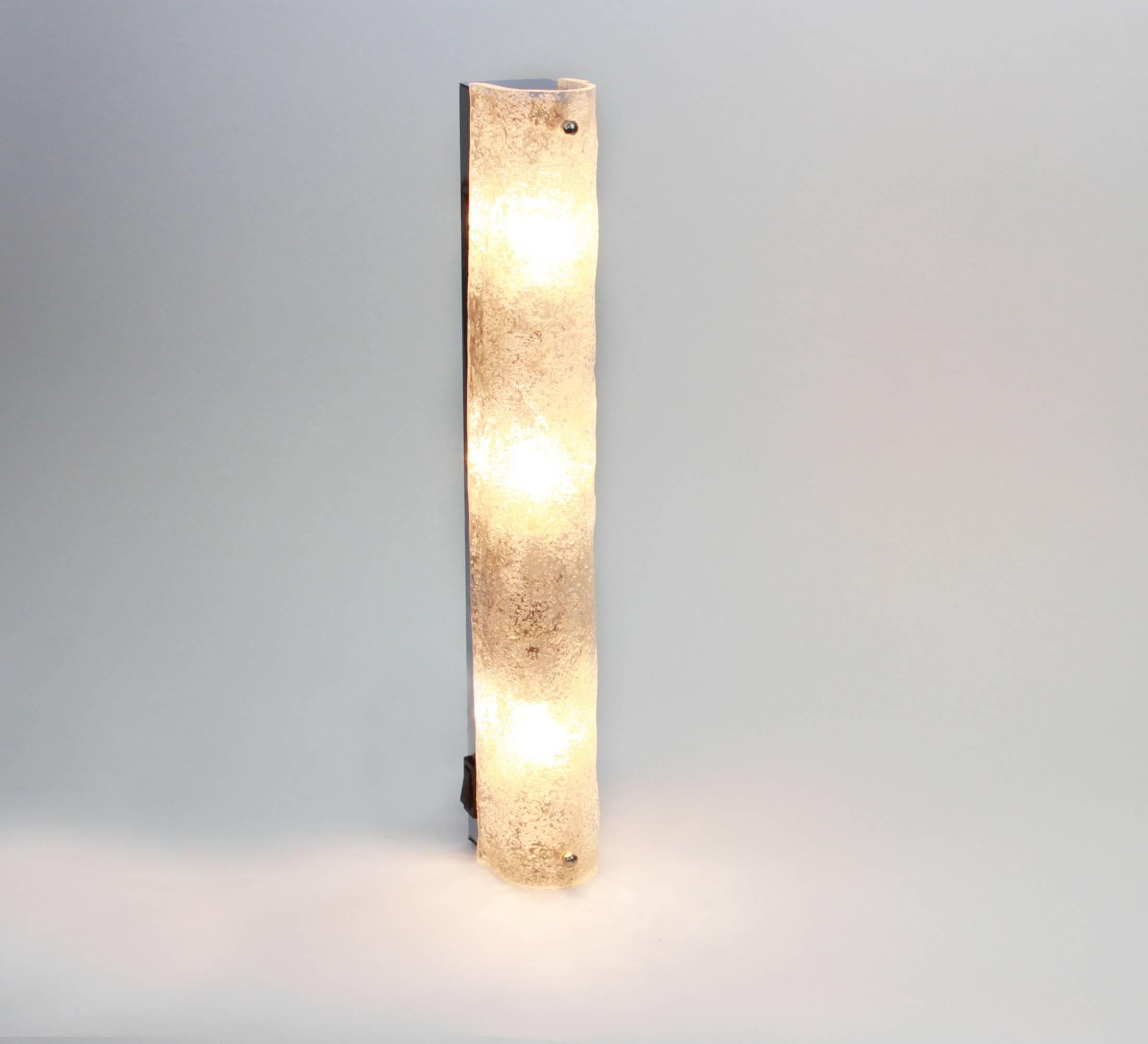 Mid-Century Modern Pair of Large Murano Ice Glass Sconces Modernist Wall Fixtures, Germany, 1960s