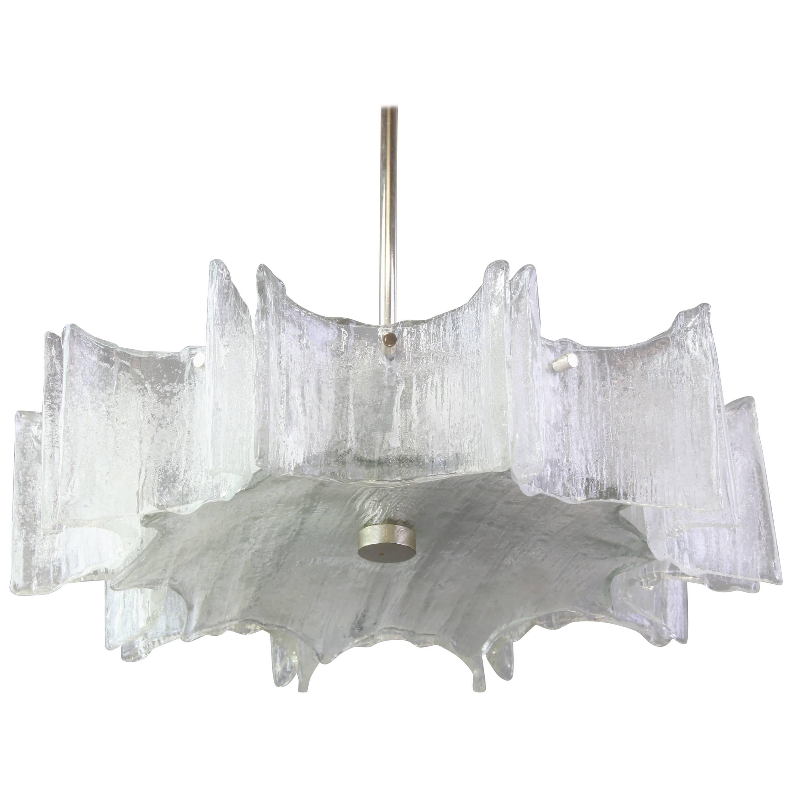 Large Ice Glass Chrome Chandelier by Kaiser, Germany, 1960s