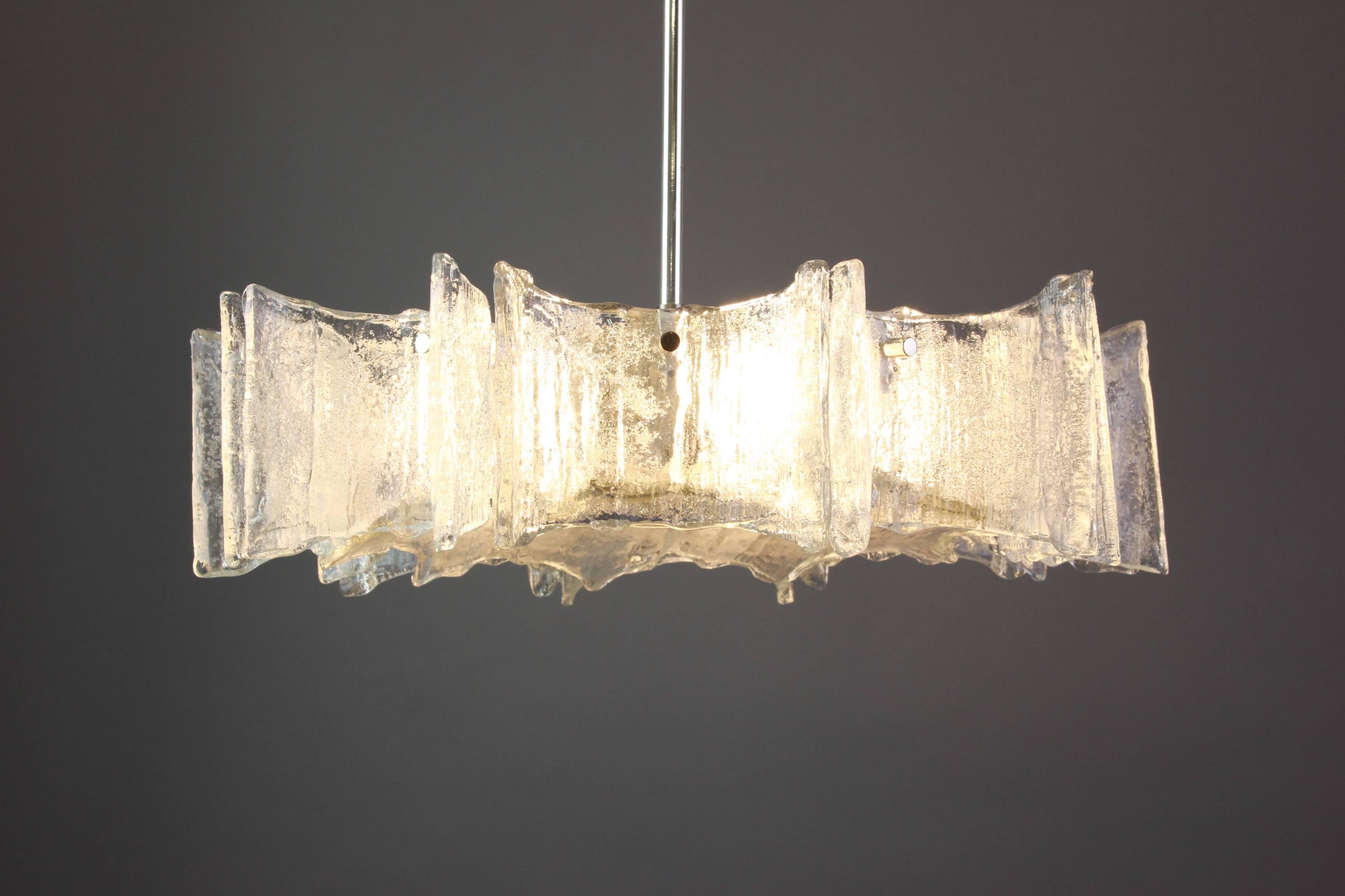 Murano Glass Large Ice Glass Chrome Chandelier by Kaiser, Germany, 1960s