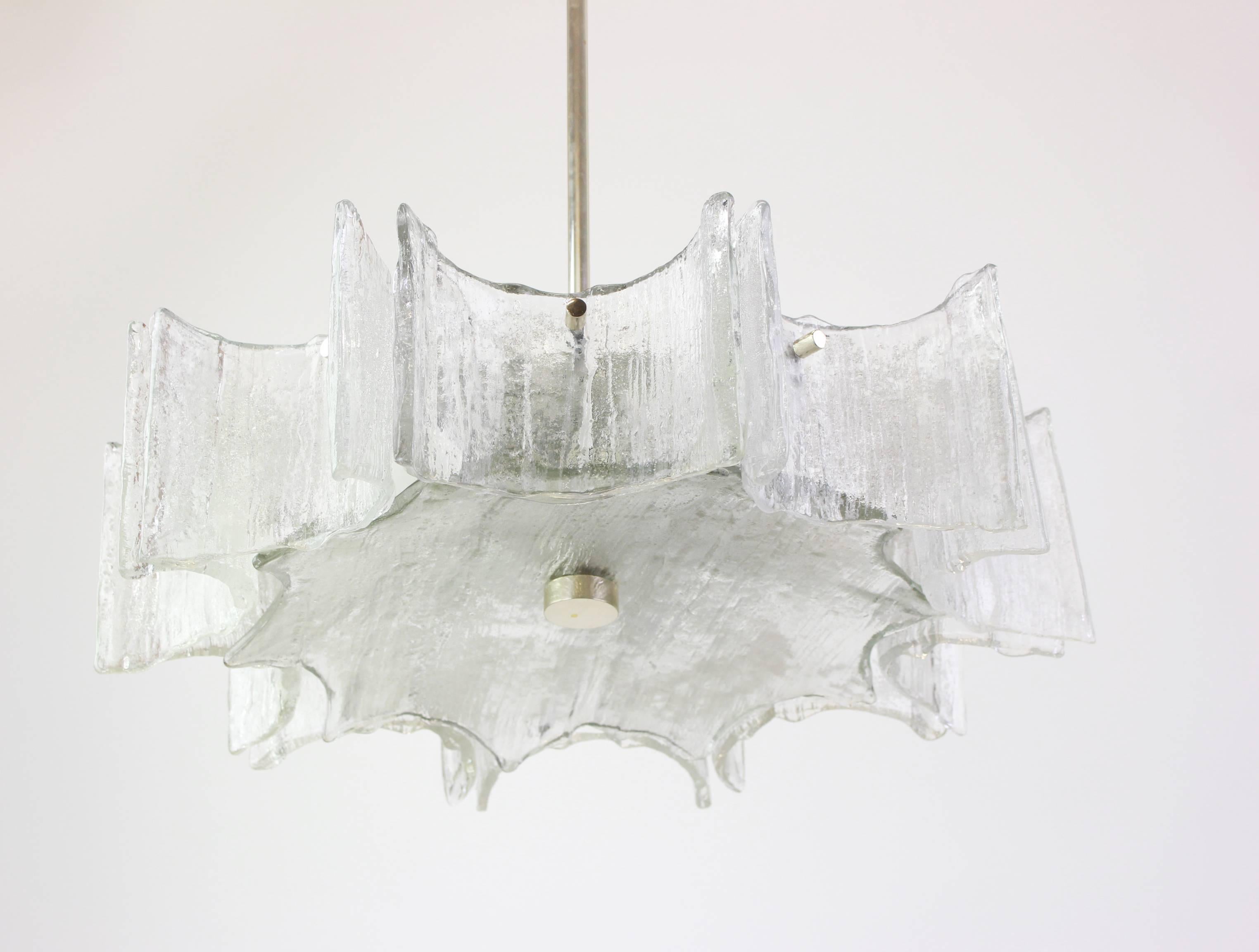 Mid-Century Modern Large Ice Glass Chrome Chandelier by Kaiser, Germany, 1960s