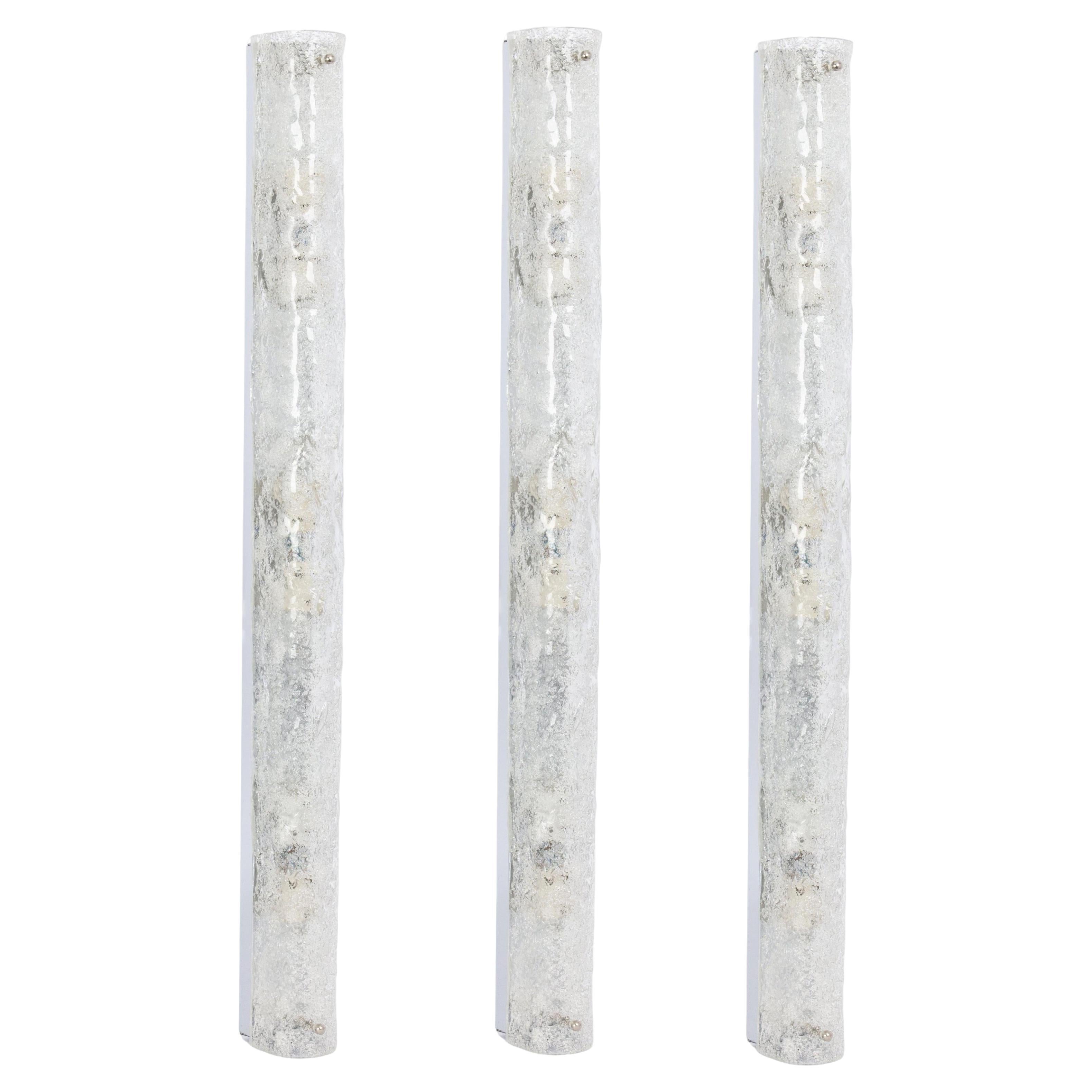 Set of 3 Extra Large Murano Ice Glass Sconces Modernist Wall Fixtures, Germany