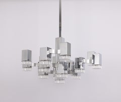 Large Gaetano Sciolari “Cubic” 17-Light Chrome and Lucite Chandelier, Italy