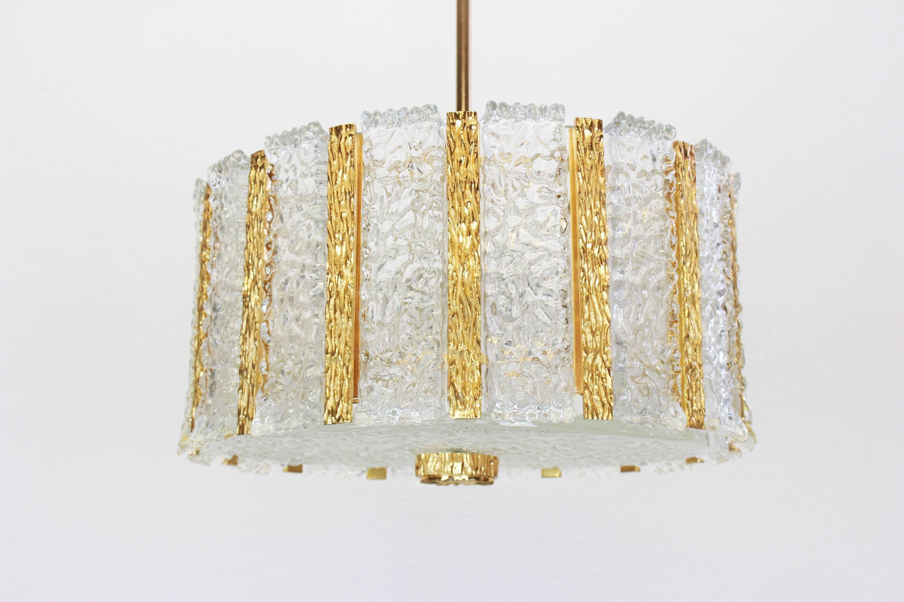 Mid-20th Century Kalmar Chandelier in Drum Form, Gilt Brass and Glass, Austria, 1960s