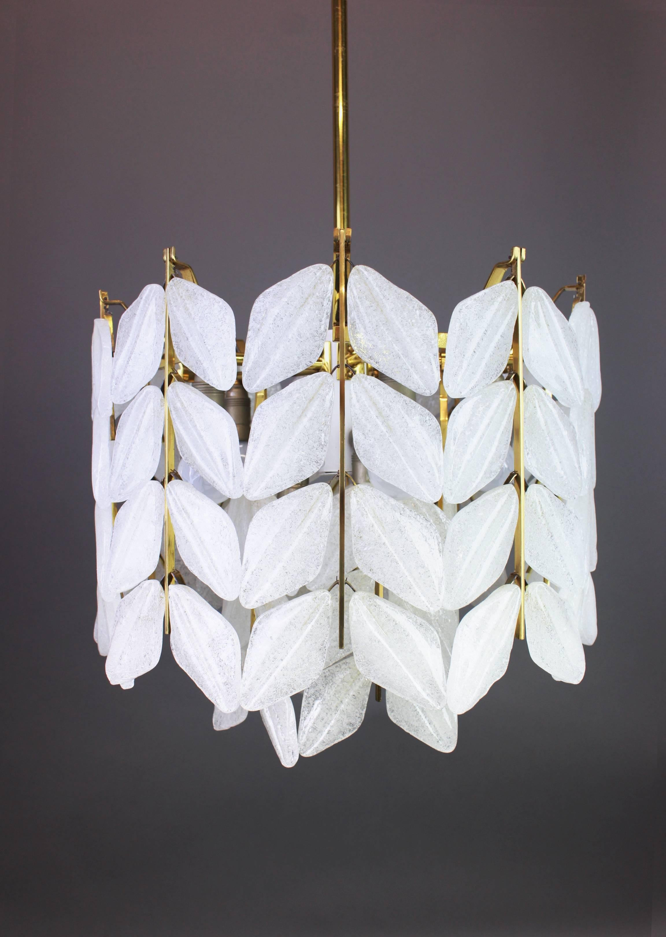 Stunning Leaves Chandelier, Brass and Murano Ice Glass by Kalmar, Austria, 1960s 1