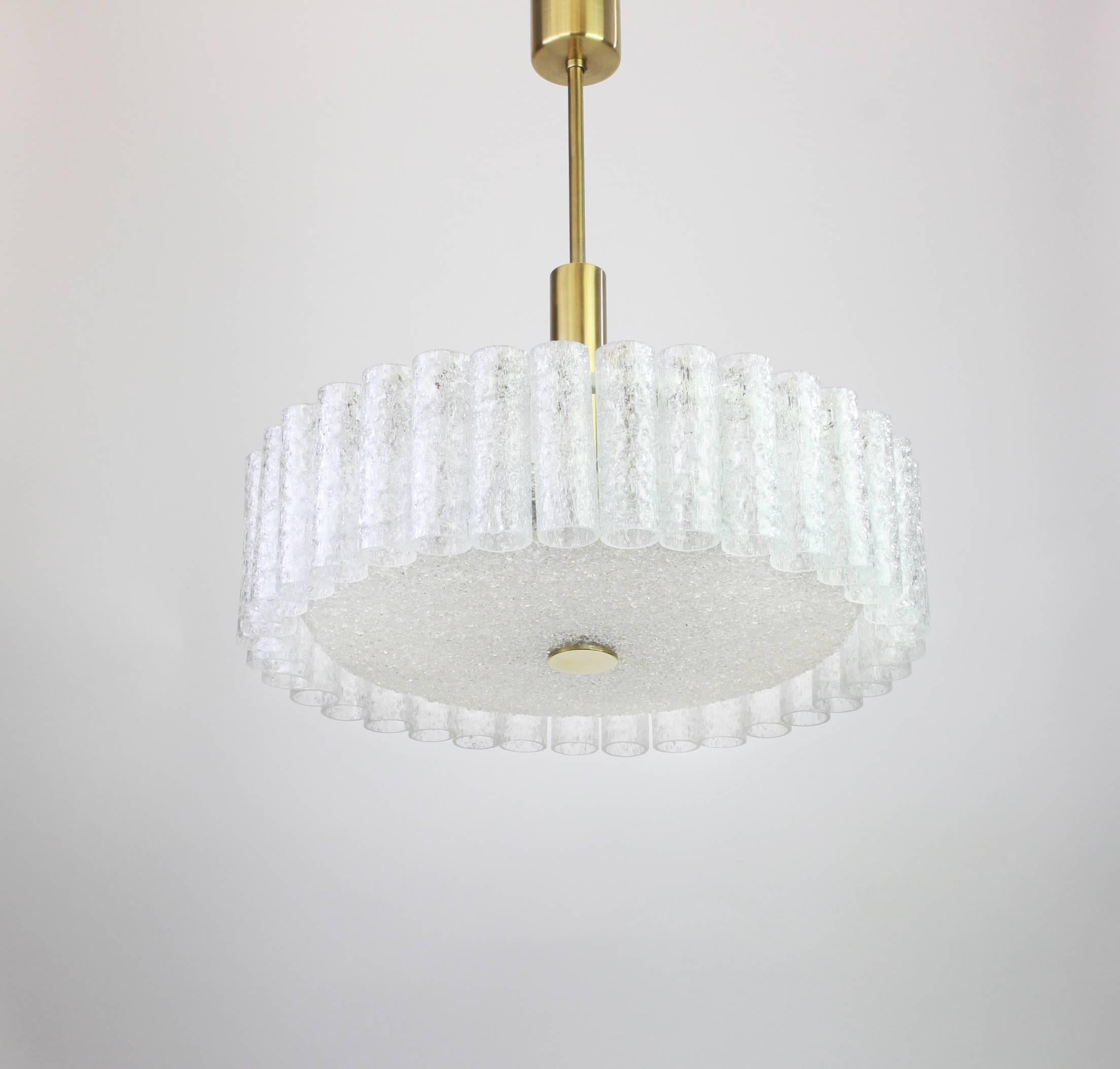 Fantastic Midcentury chandelier by Doria, Germany, manufactured circa 1970-1979, with 35 Murano glass cylinders suspended from a fixture.

High quality and in very good condition. Cleaned, well-wired and ready to use. 

The fixture requires 6 x E27