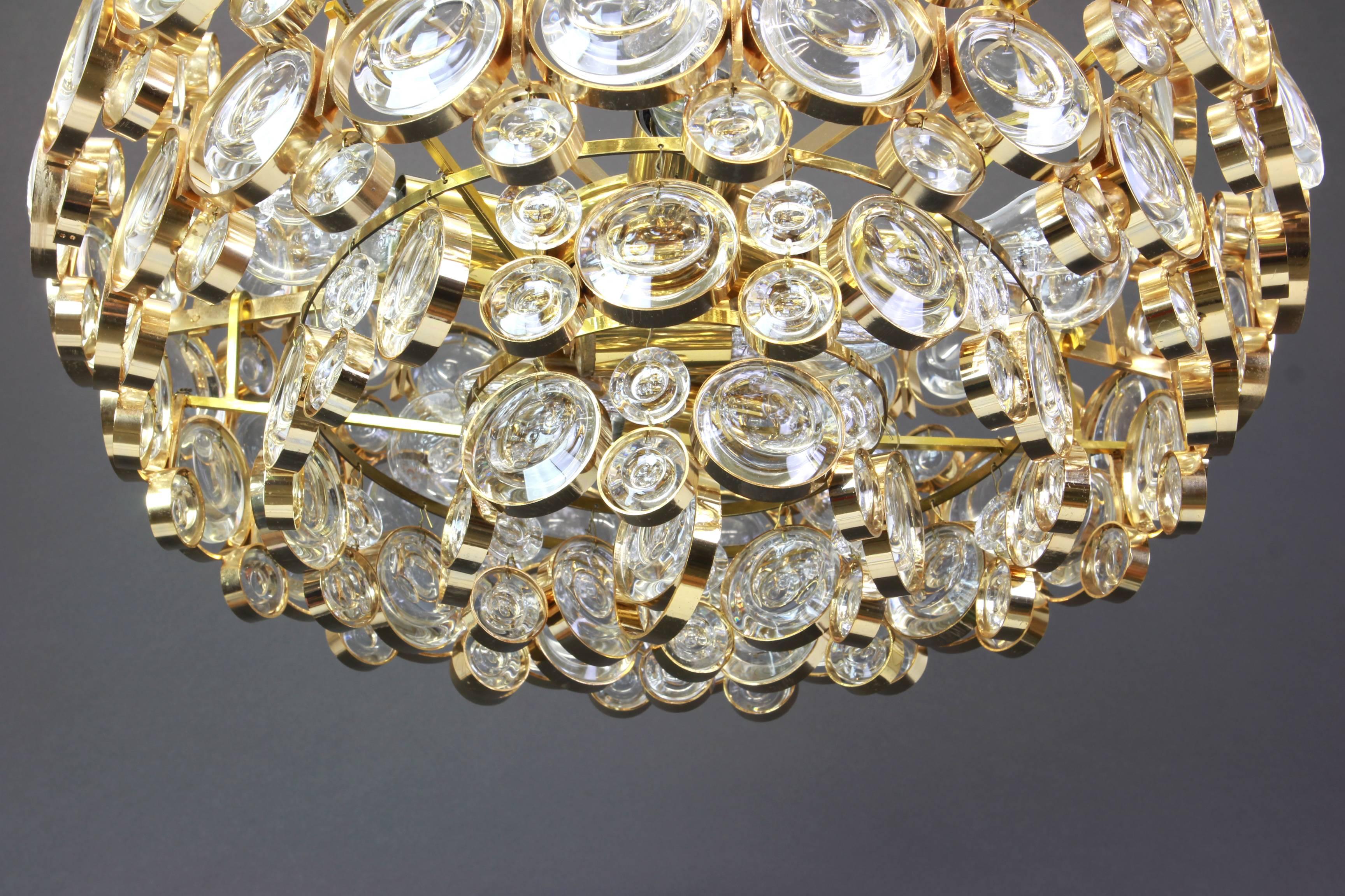Gold Plate Gilt Brass and Crystal Chandelier, Sciolari Design by Palwa, Germany, 1970s