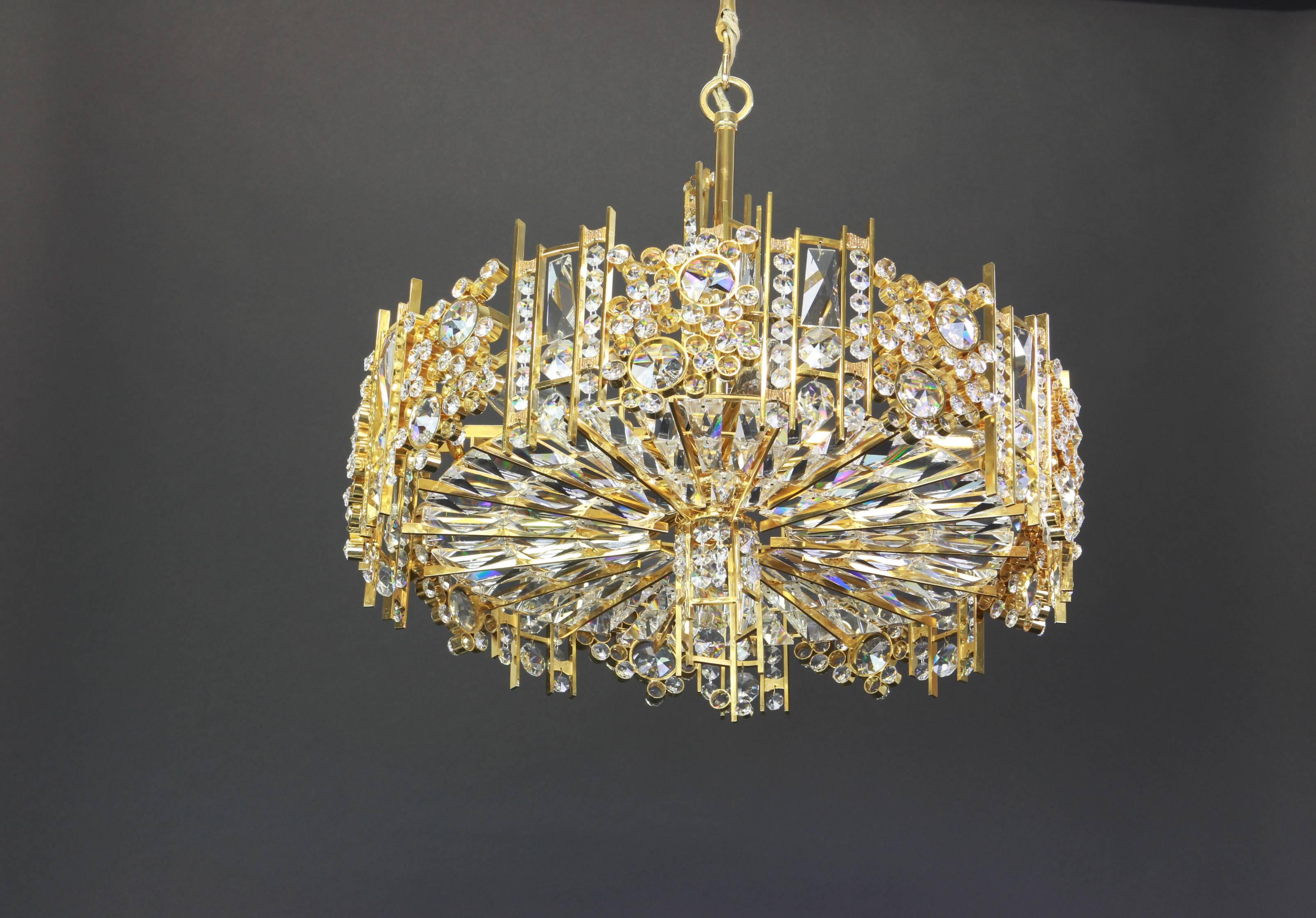 Gilt Brass and Crystal Glass Encrusted Chandeliers by Palwa, Germany, 1970s In Good Condition In Aachen, NRW