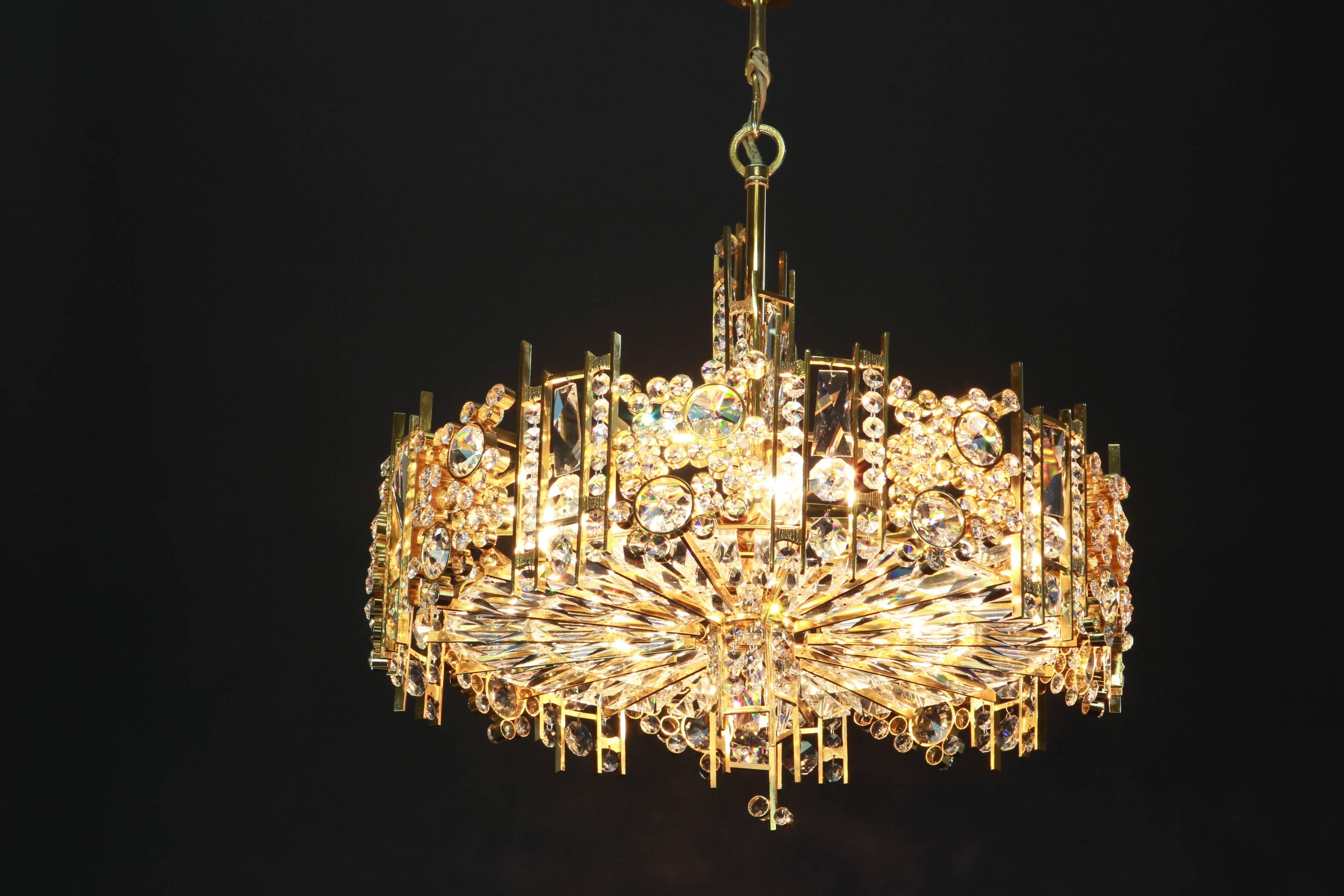 Late 20th Century Gilt Brass and Crystal Glass Encrusted Chandeliers by Palwa, Germany, 1970s