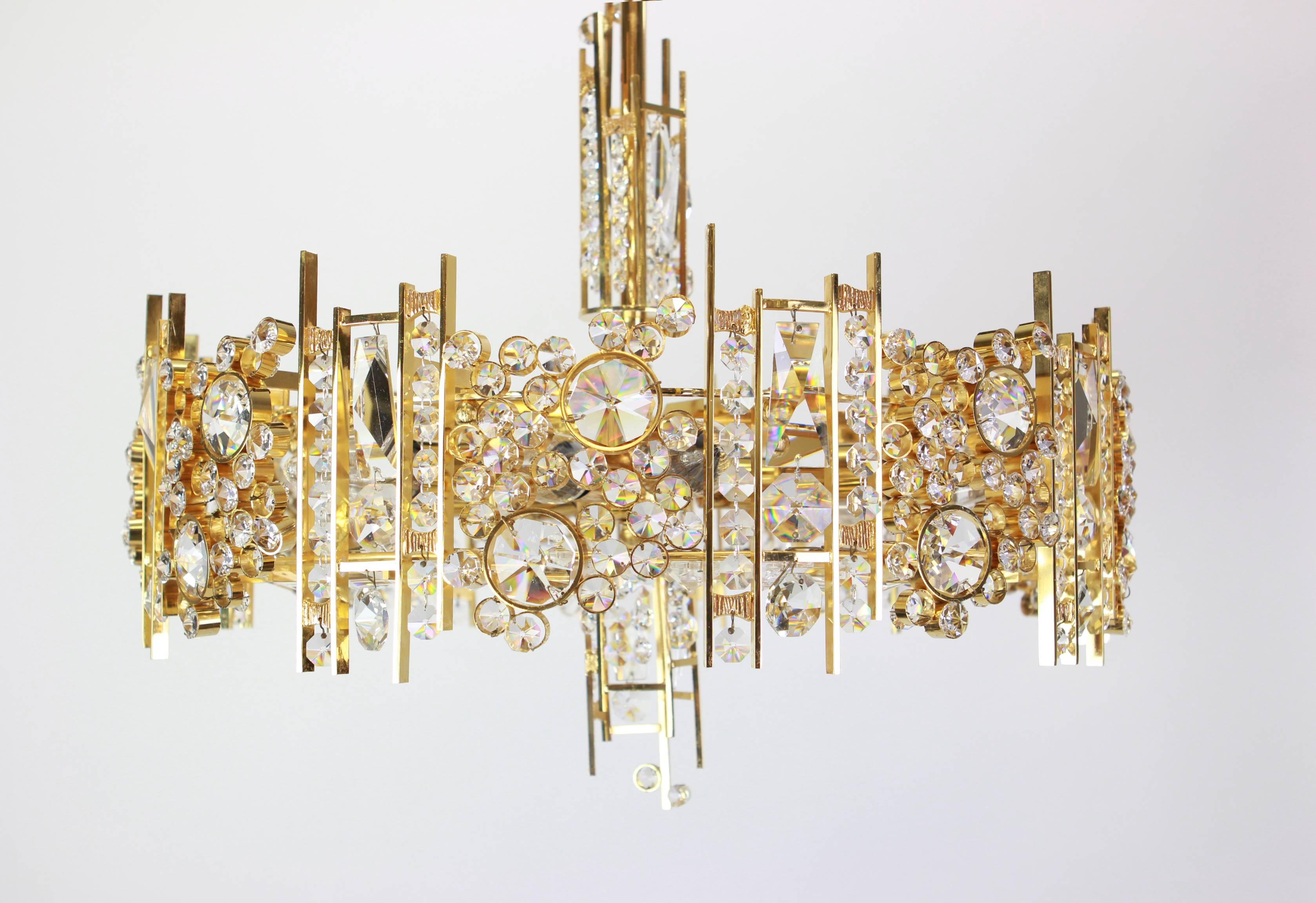 Gilt Brass and Crystal Glass Encrusted Chandeliers by Palwa, Germany, 1970s 2