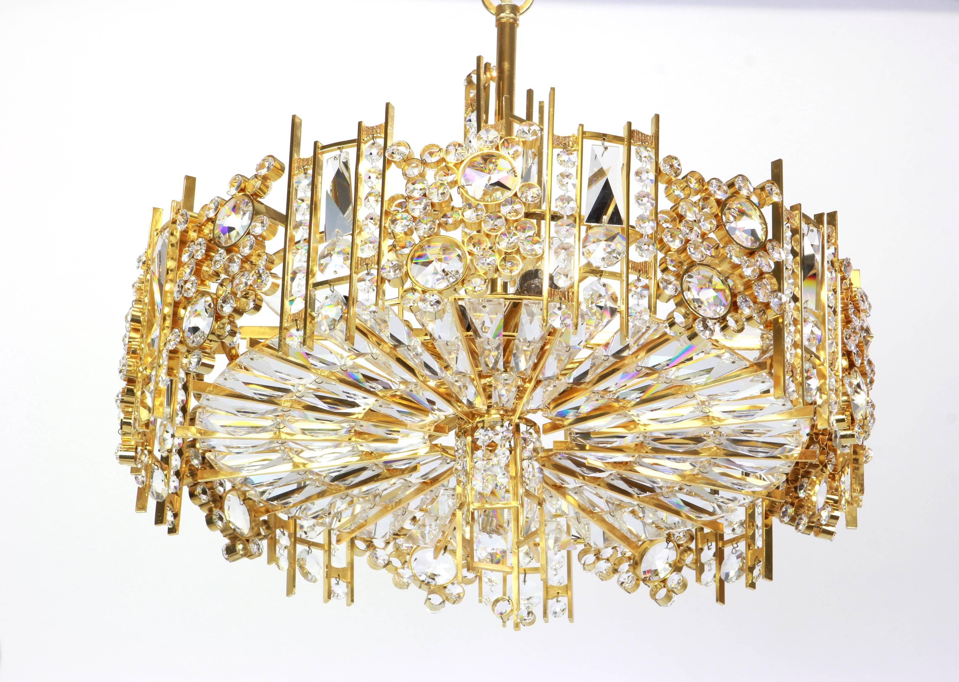 Gilt Brass and Crystal Glass Encrusted Chandeliers by Palwa, Germany, 1970s 3