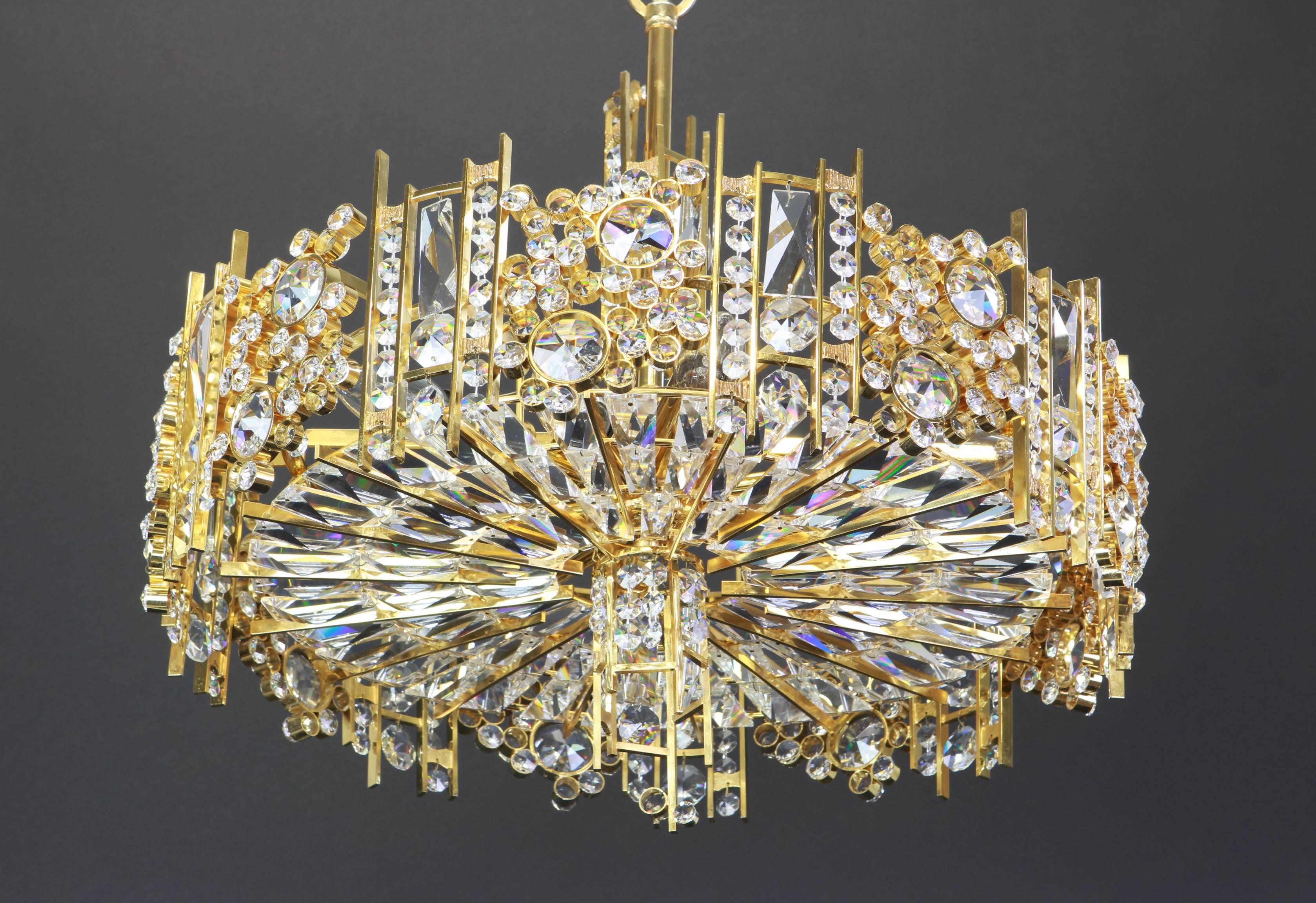Mid-Century Modern Gilt Brass and Crystal Glass Encrusted Chandeliers by Palwa, Germany, 1970s