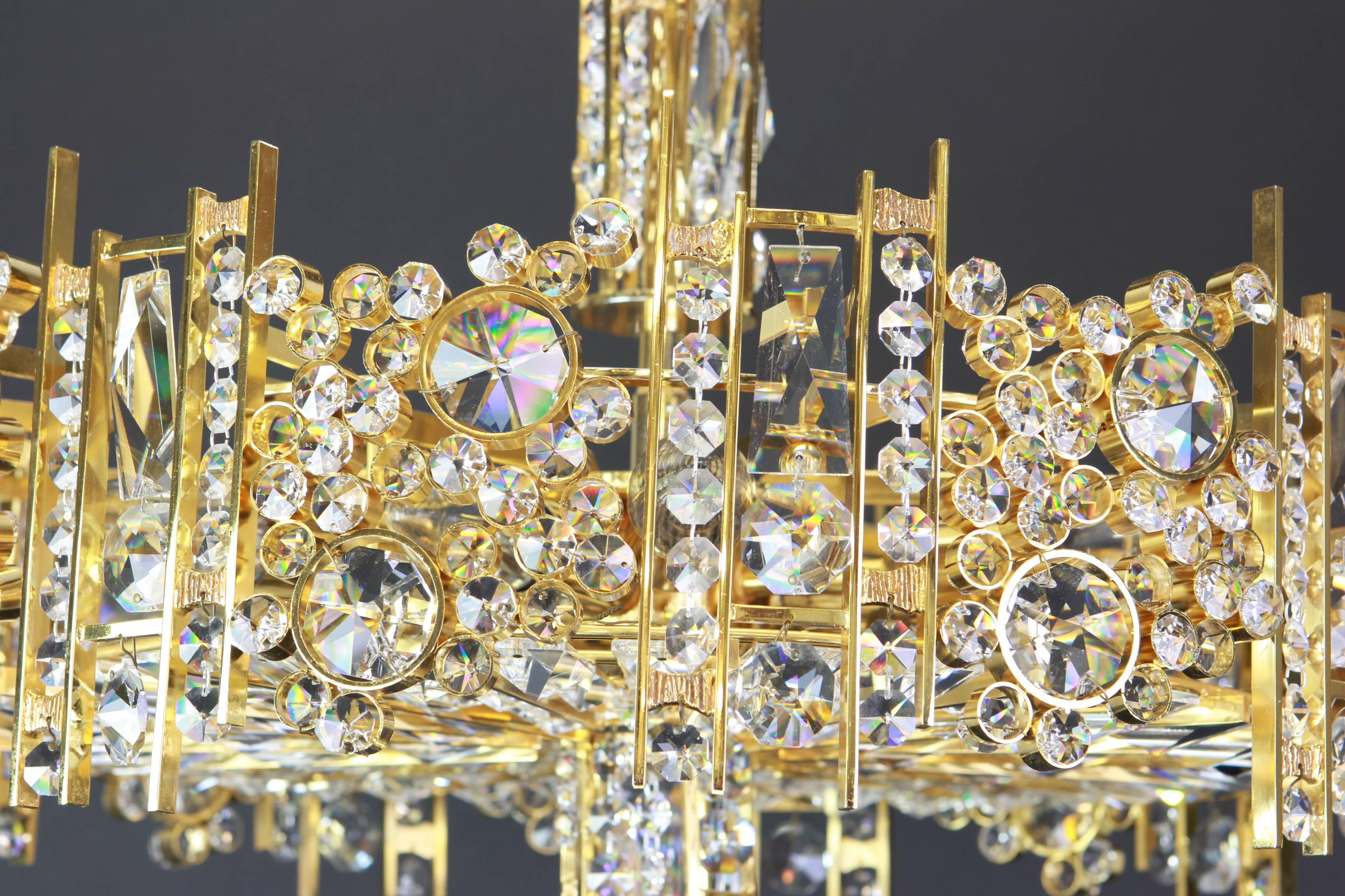 Gold Plate Gilt Brass and Crystal Glass Encrusted Chandeliers by Palwa, Germany, 1970s