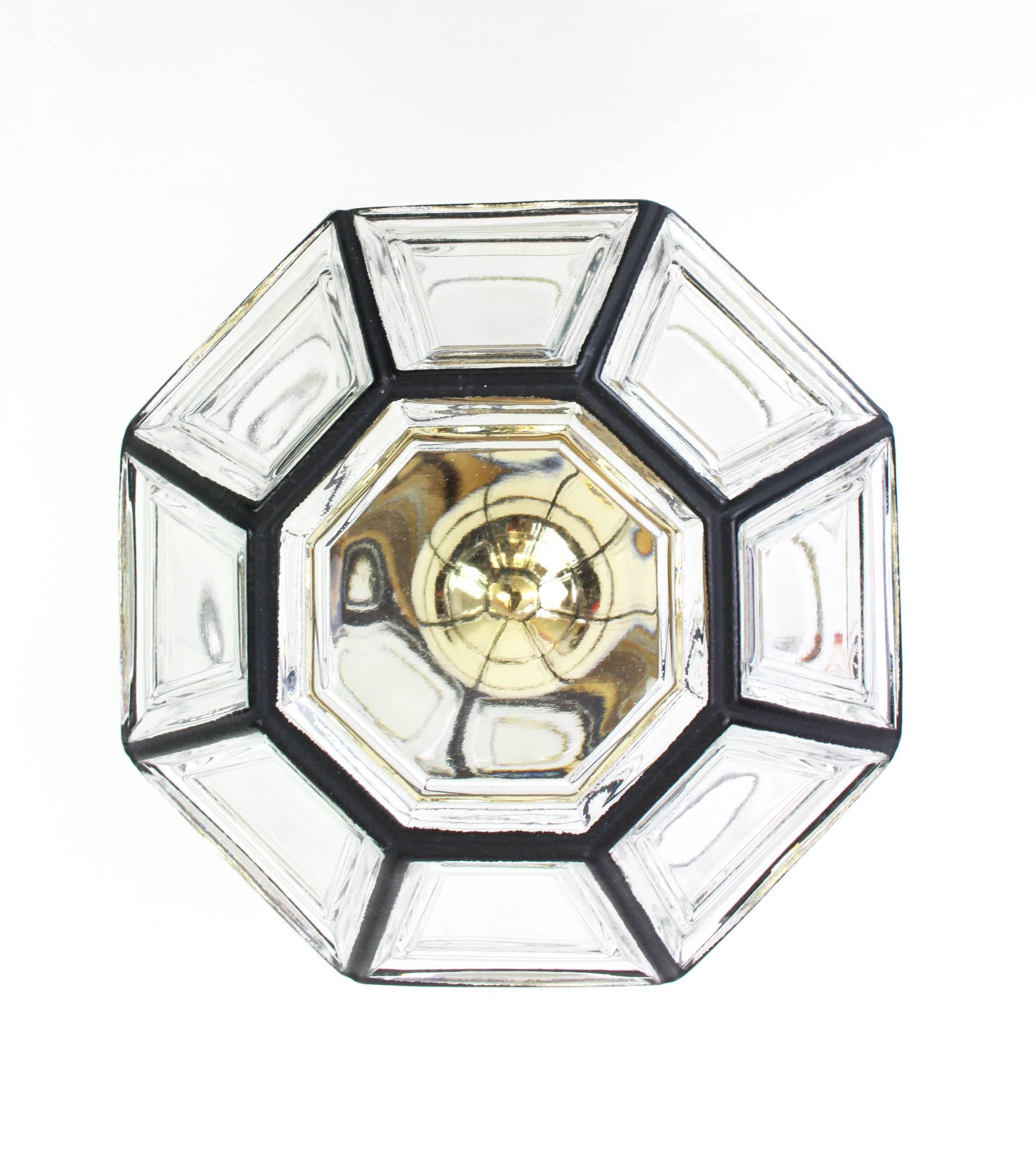 Mid-Century Modern 1 of 6 Large Iron and Clear Glass Flush Mount by Limburg, Germany, 1960s