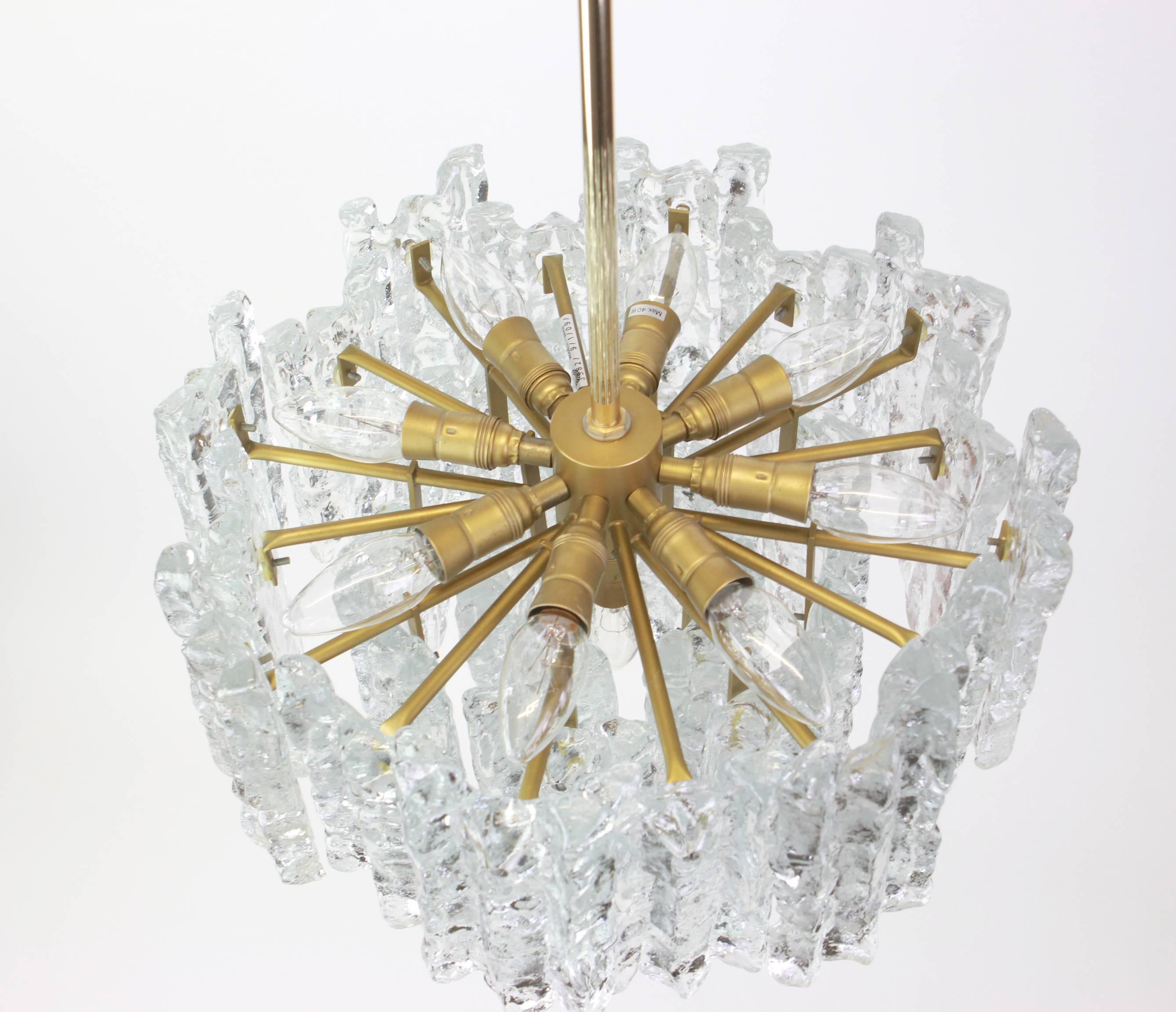Mid-20th Century Large Murano Ice Glass and Brass Chandelier by Kalmar, Austria, 1960s