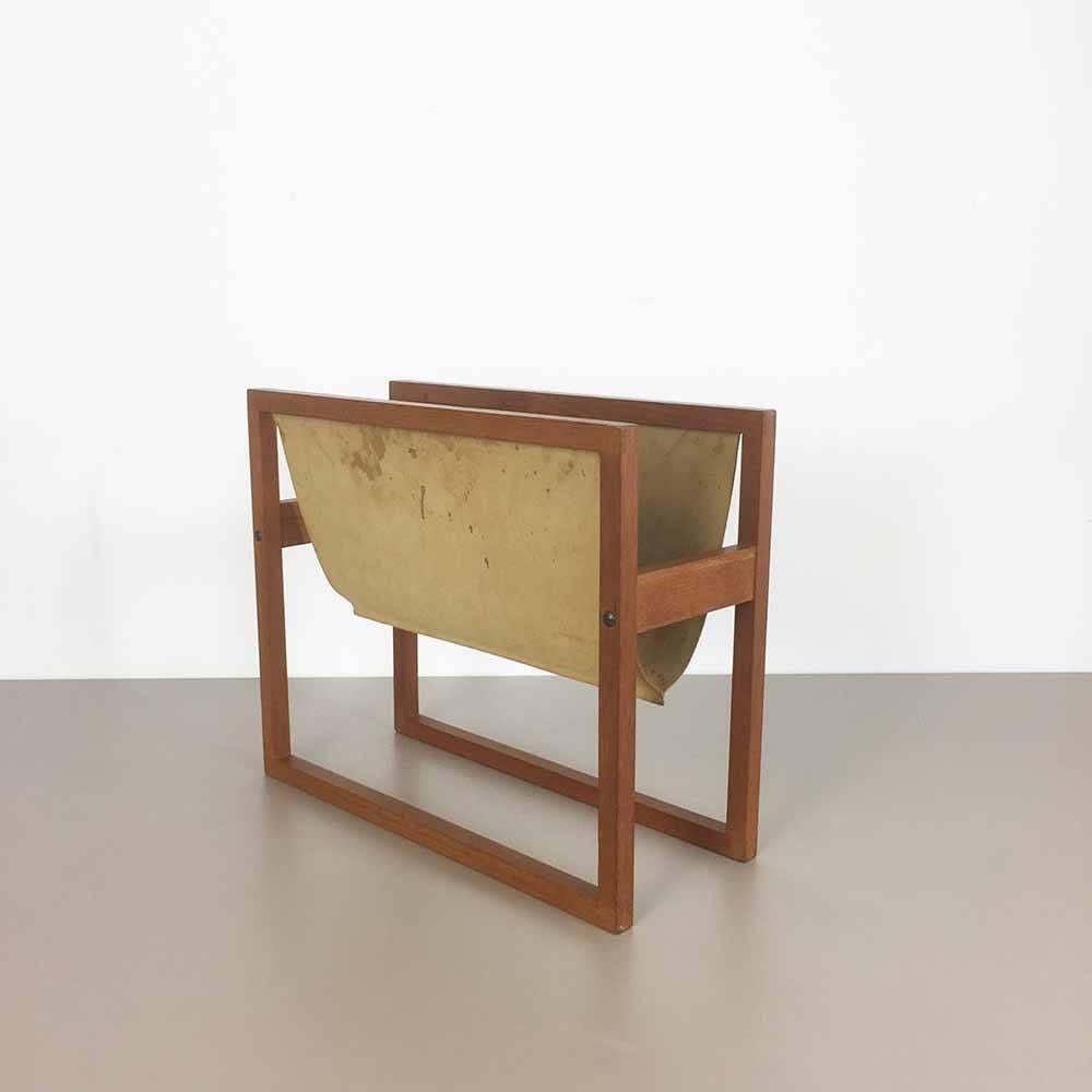 Original 1960s Teak and Leather Magazine Rack, Denmark, 1960s 2