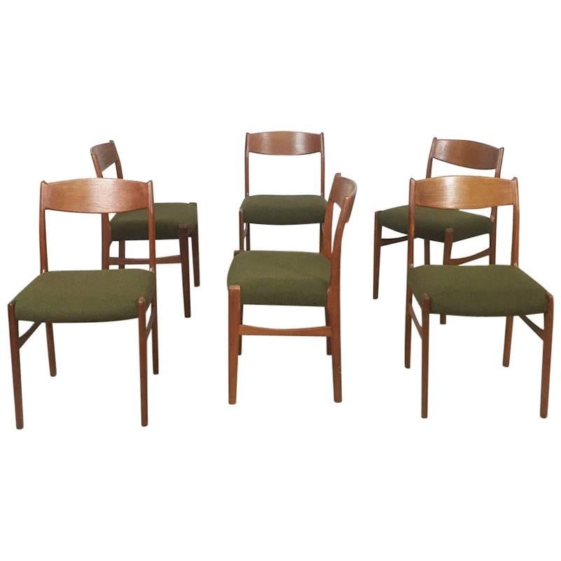 Set of Six Teak Chairs Green Hopsak by G. S. Glyngore Stolefabrik Denmark, 1960s