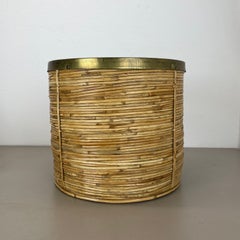 xl 31 cm : corbeille à papier rare en rotin et laiton, style Crespi Albini, Italie, 1970